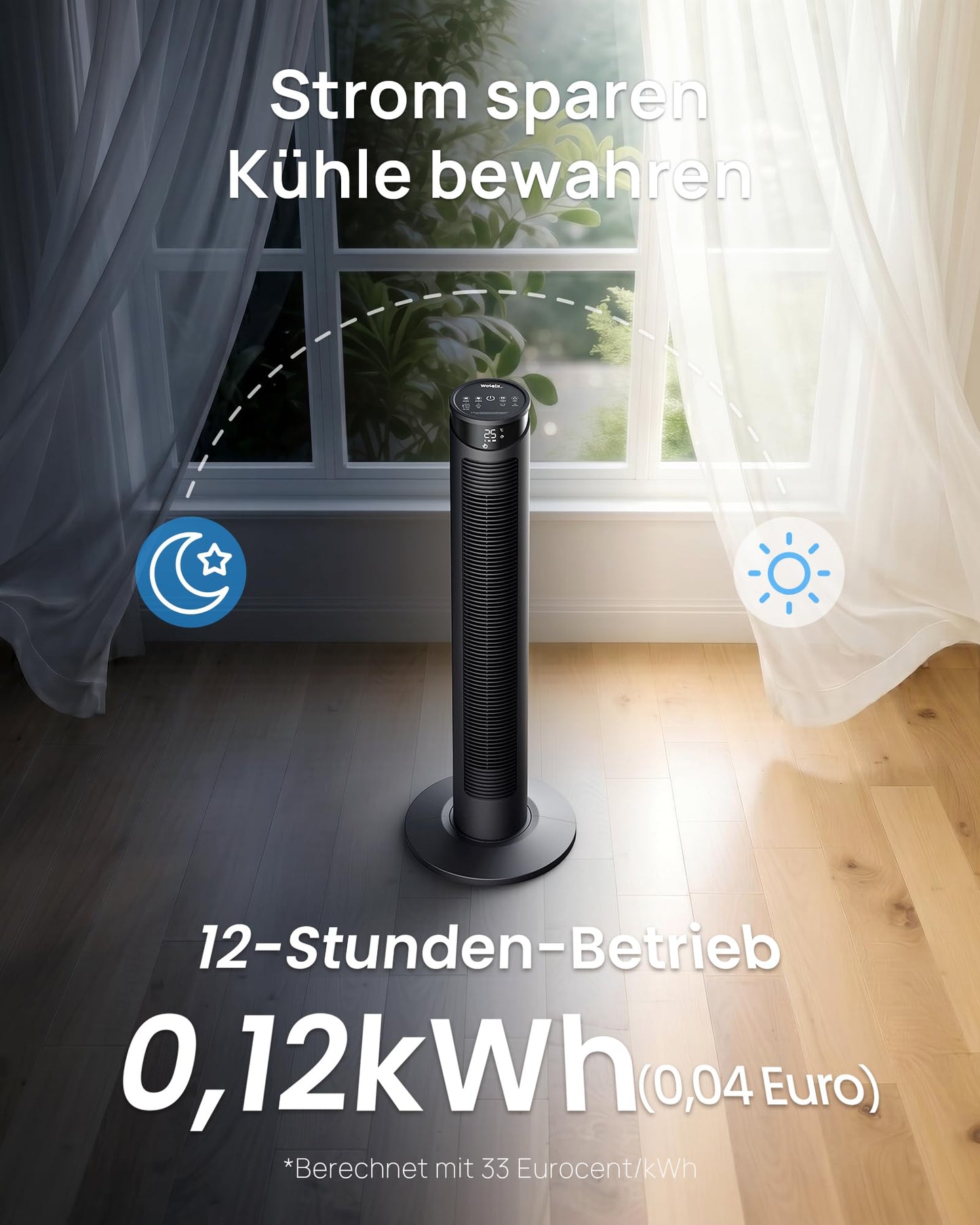 WoleixKlima Ventilator sehr leise 25dB, Turmventilator sehr leise mit Fernbedienung, Standventilator sehr leise mit Fernbedienung, 40W, 4 Modi&3 Stufen, 75°Oszillation, 12H Timer, 93CM