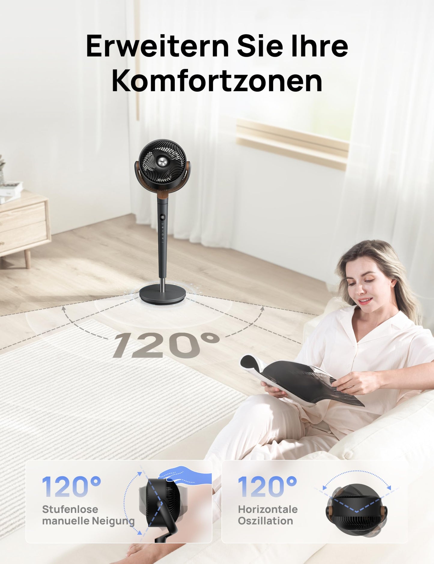 DREO Standventilator sehr leise, Ventilator groß mit Fernbedienung, 20dB Silent Ventilator mit DC-Motor, 120° Oszillierend, 4 Modi, 94-107cm höhenverstellbar, Bodenventilator, TurboPoly Fan 512, Grau