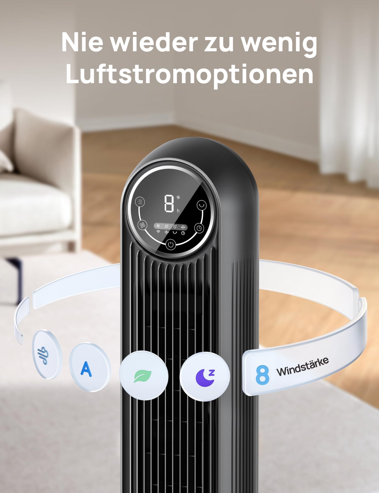 DREO Leiser Turmventilator, 10 m Wurfweite 4 Geschwindigstufen 4 Modi 8 Std. Timer 90° oszillierende Ventilator mit Kühlung Fernbedienung für Schlafzimmer,Turmventilator 307, Schwarz