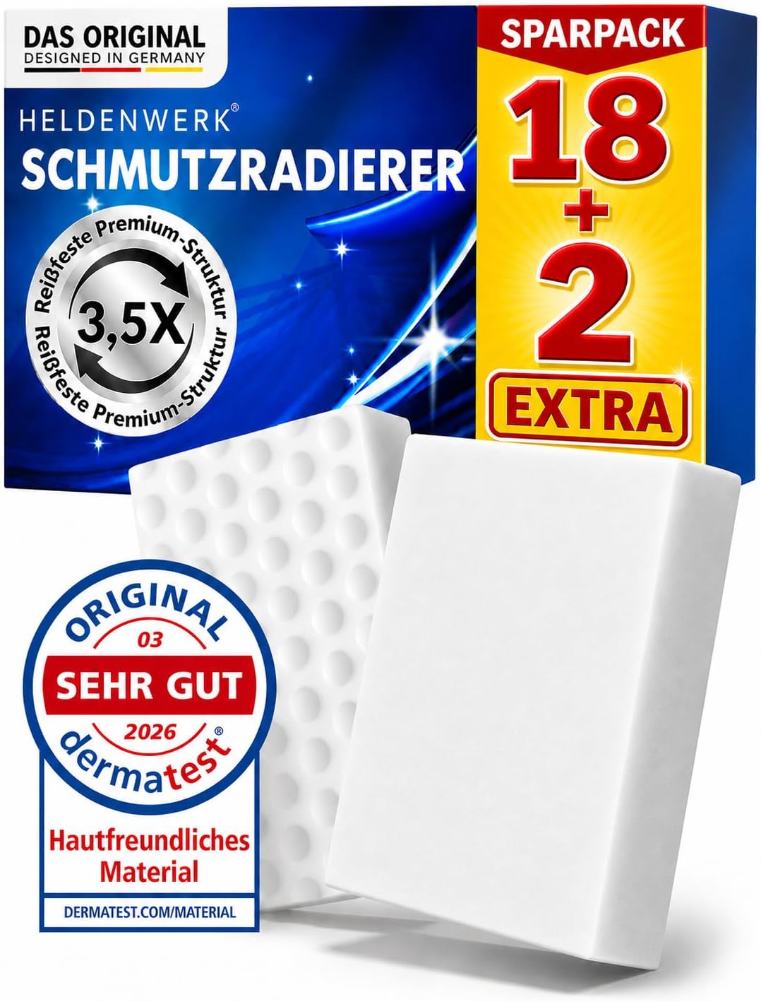HELDENWERK® Schmutzradierer [18+2 EXTRA] Premium Radierschwamm für hartnäckige Flecken – Magic Eraser & Zauberschwamm für Wand, Küche, Bad & Sneaker – extra langlebig