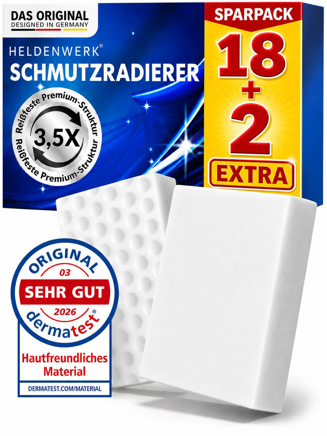 HELDENWERK® Schmutzradierer [18+2 EXTRA] Premium Radierschwamm für hartnäckige Flecken – Magic Eraser & Zauberschwamm für Wand, Küche, Bad & Sneaker – extra langlebig
