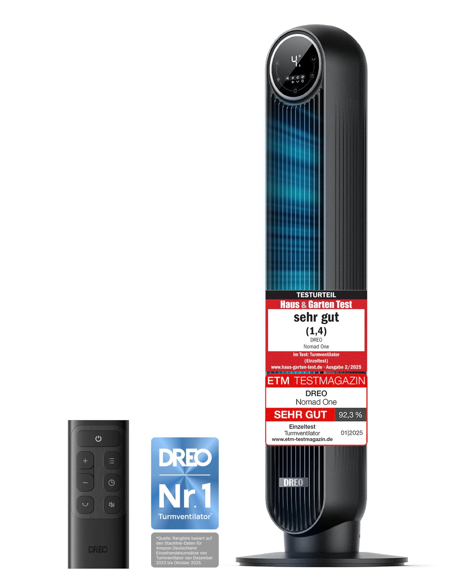 DREO Leiser Turmventilator, 10 m Wurfweite 4 Geschwindigstufen 4 Modi 8 Std. Timer 90° oszillierende Ventilator mit Kühlung Fernbedienung für Schlafzimmer,Turmventilator 307, Schwarz