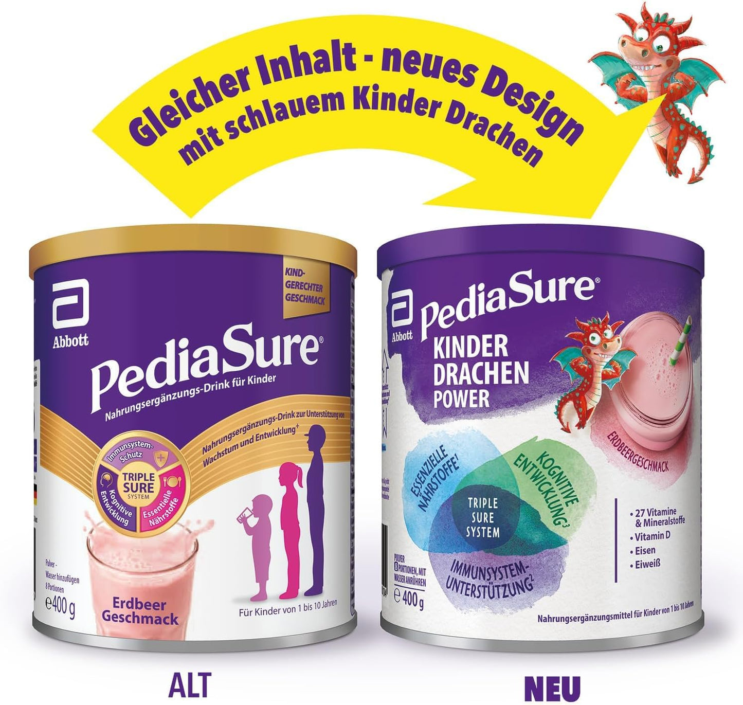 Pediasure Kinder Drachen Power Schoko 400g| leckerer Nahrungsergänzungsshake für Kinder ab 1 Jahr|mit 27 Vitaminen & Mineralien, Protein und triplesure Komplex|Verpackung kann variieren