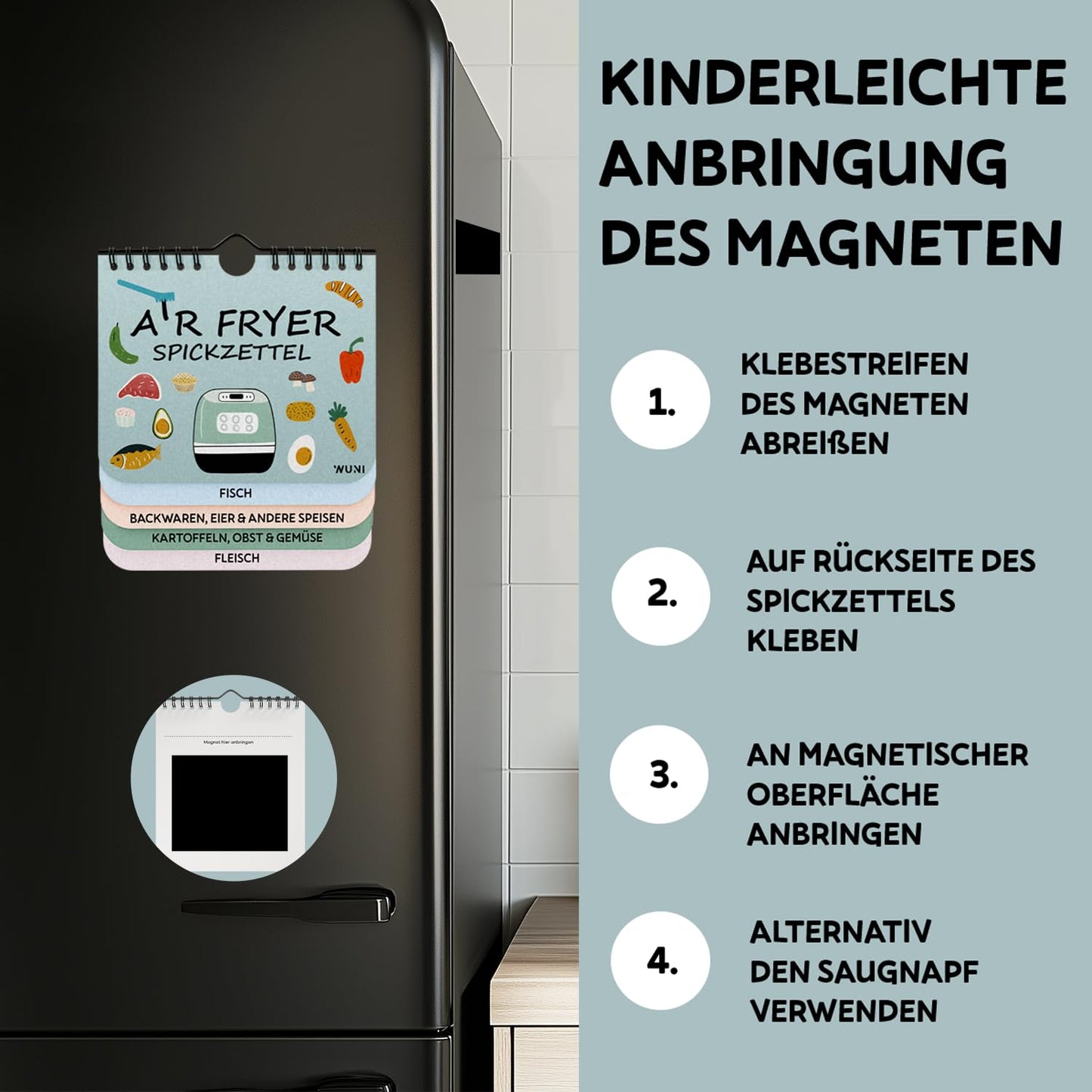 Kompakter Airfryer Spickzettel mit 127 Rezepten und Garzeiten