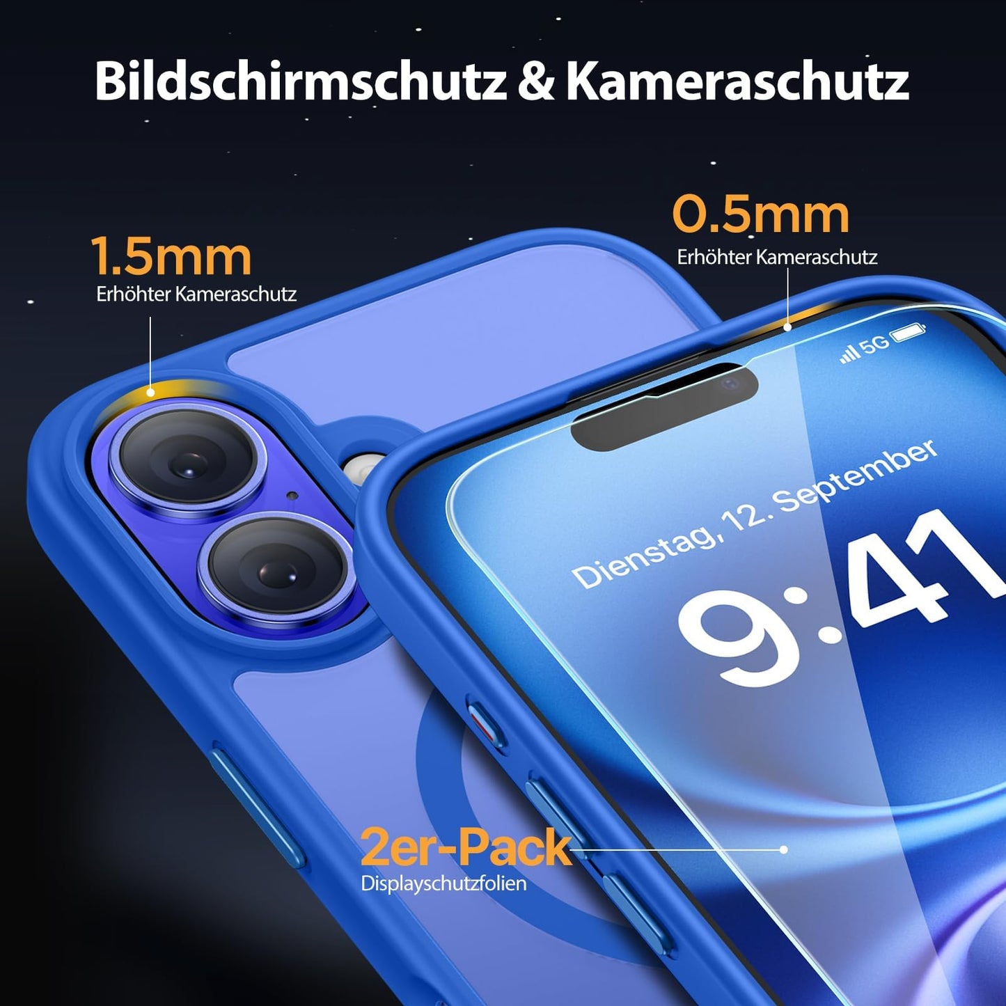 Miracase Magnetisch für iPhone 16 Hülle für Magsafe[mit 2 Schutzglas] Militärschutz Stoßfest Kratzfest Anti-Fingerabdruck Samtige Haptik Dünn Handyhülle für iPhone 16 6,1 Zoll,Leuchtendes Blau