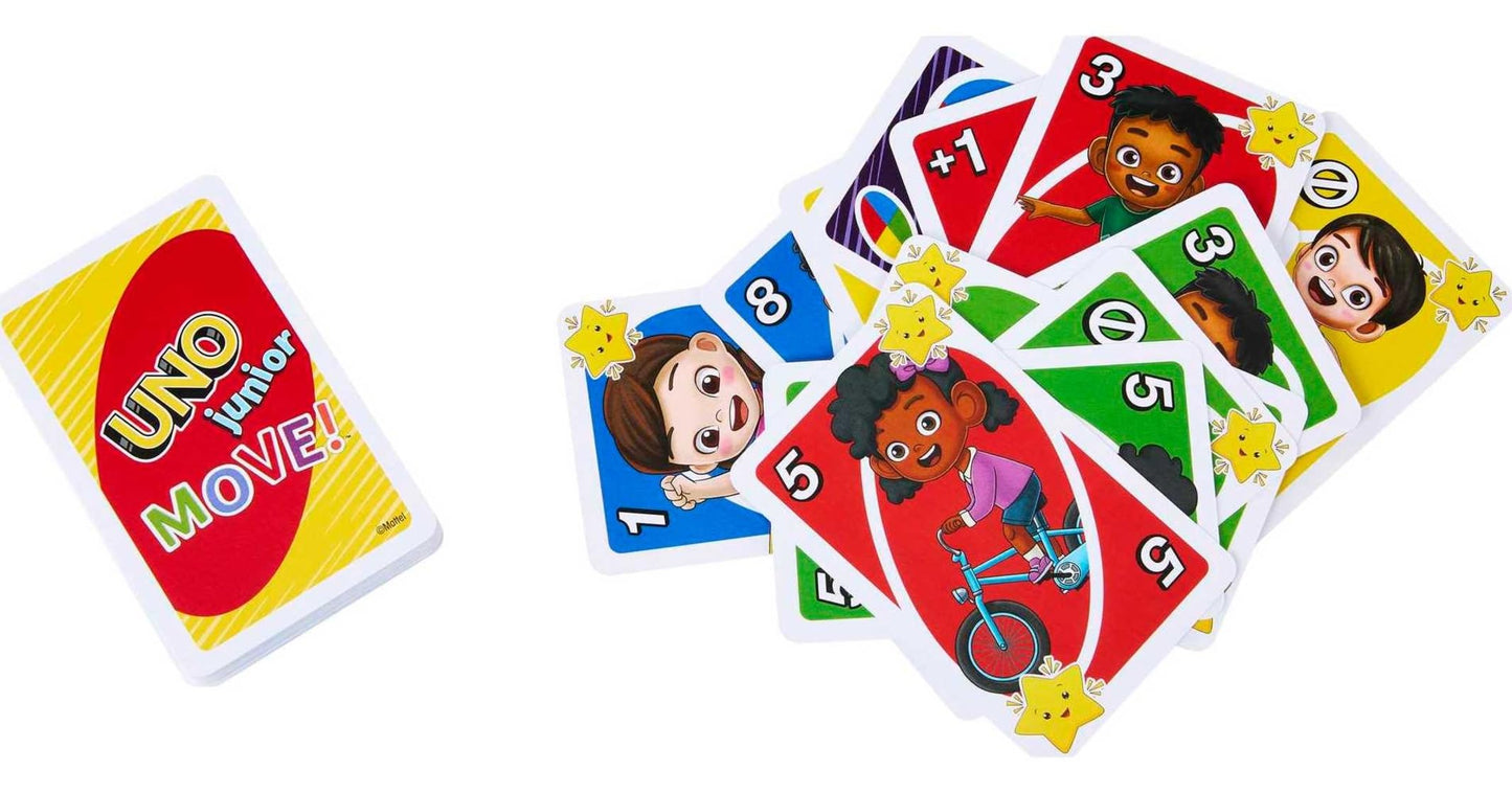 UNO Junior Move! - Aktive Variante des Kartenspiels, 3 Schwierigkeitsstufen für Einstieg jüngerer Spieler, Bewegungskarten, für Kinder ab 3 Jahren, HNN03