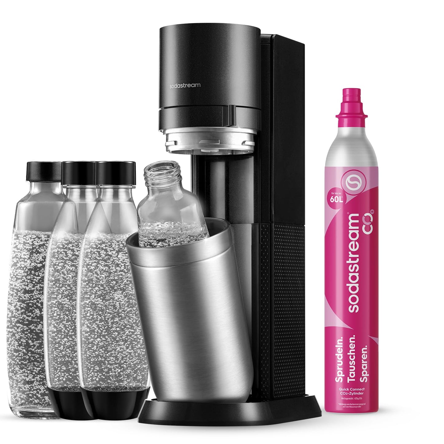 SodaStream Wassersprudler DUO mit Quick-Connect CO2-Zylinder | inkl. 2x 1L Glasflasche und 2x 1L FUSE Kunststoffflasche (spülmaschinengeeignet) |Farbe: Titan