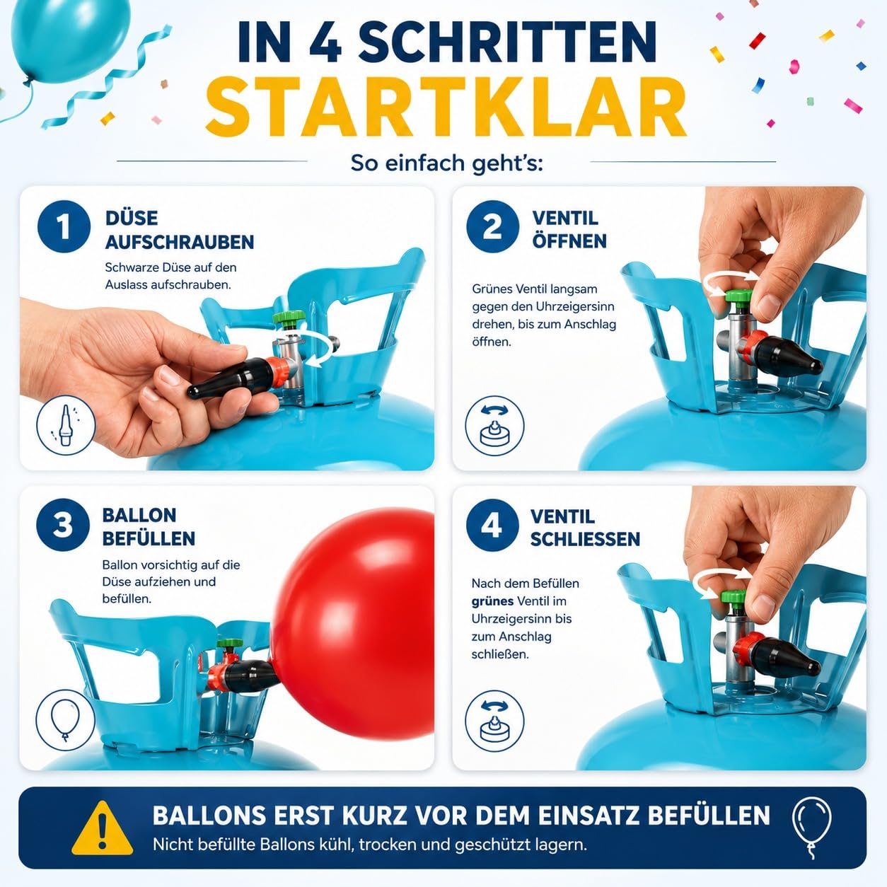 Ballongas [für 20 Luftballons]– Helium Balloon Gas für bis zu [20 Luftballons] – Ballongas - Helium Gasflasche klein inkl. STAHLMANN ® Informationsblatt