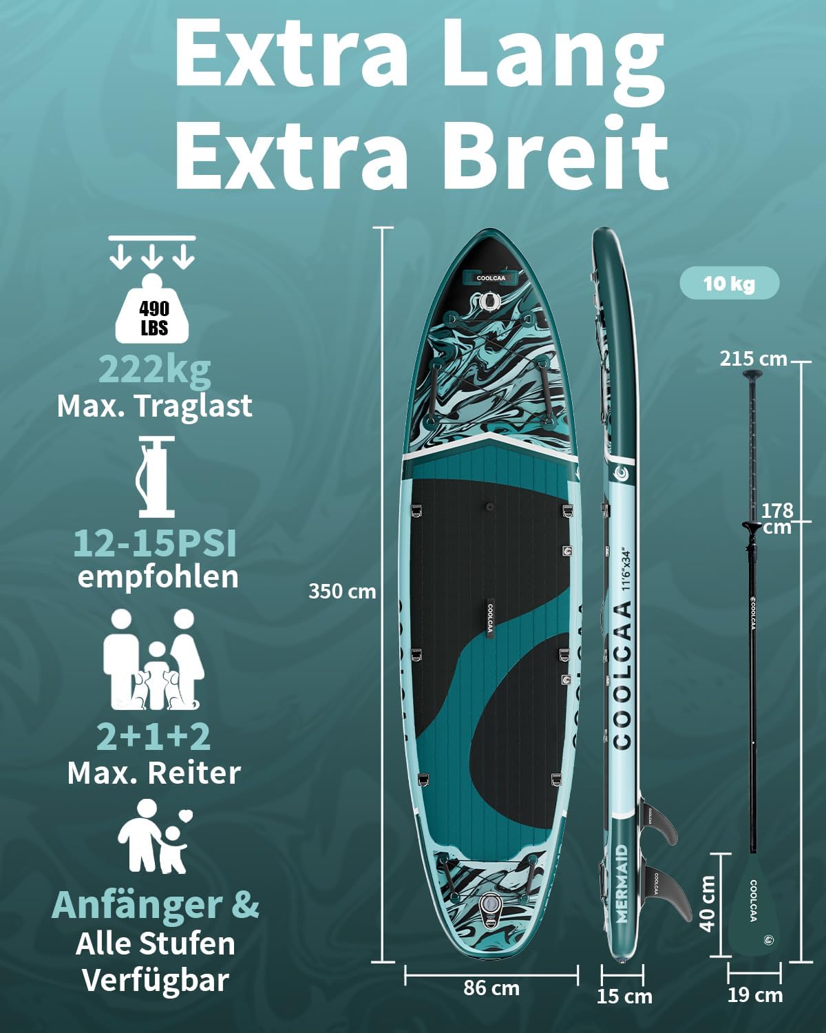 COOLCAA SUP Board 355cm – Aufblasbares Paddleboard für Profis