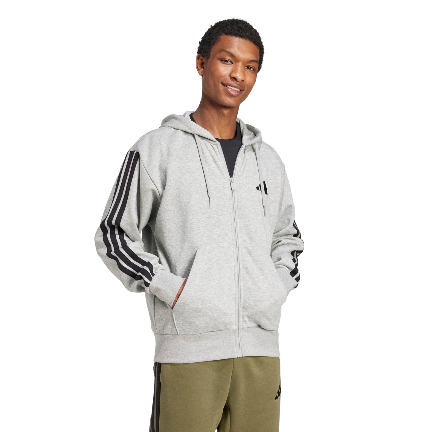 adidas Herren Essential Three Stripes Fleece Zipper Hoodie Sweatshirt, medium Grey Heather/Black, XL
