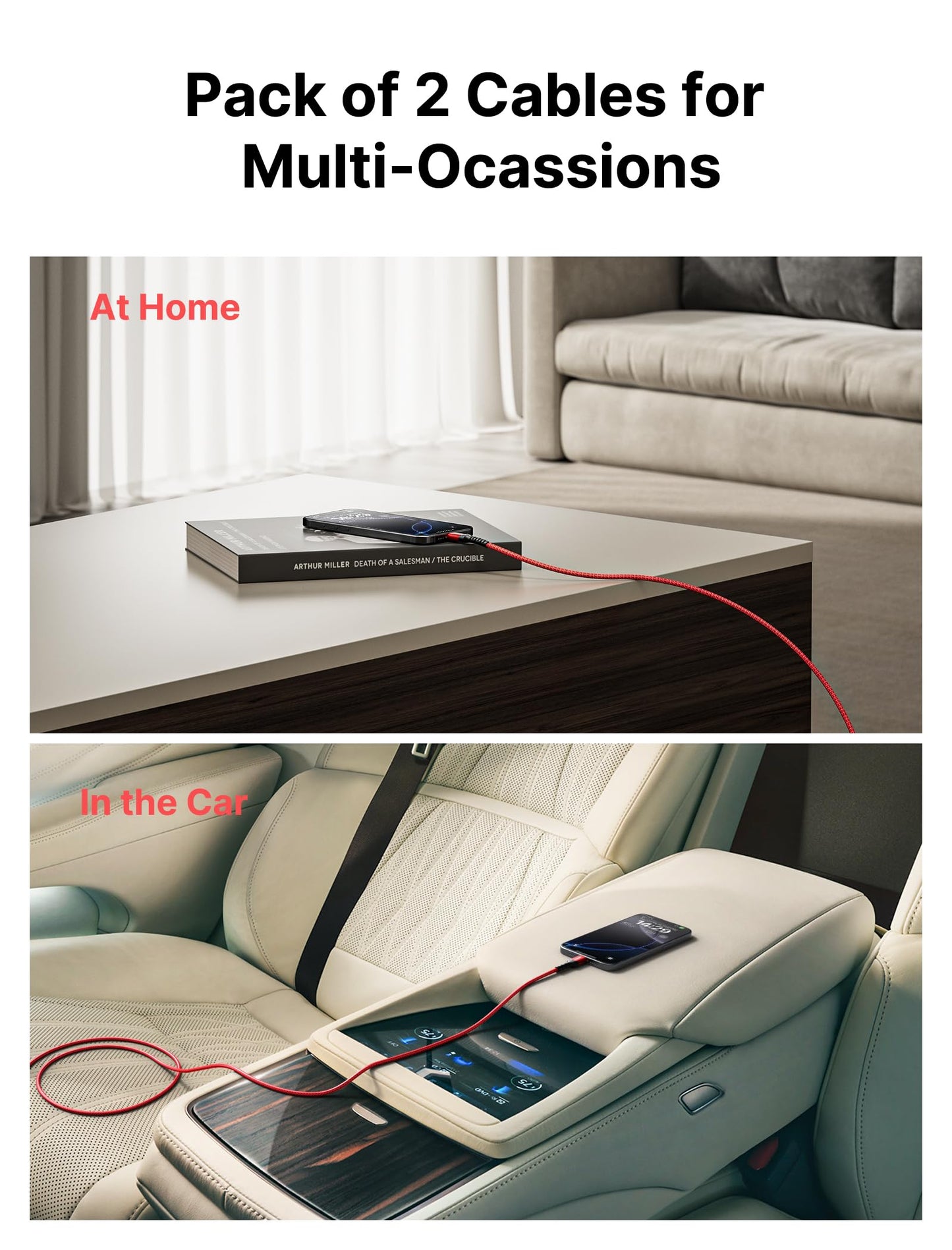 Robustes USB C Schnellladekabel 2 Meter Rot 2er Set