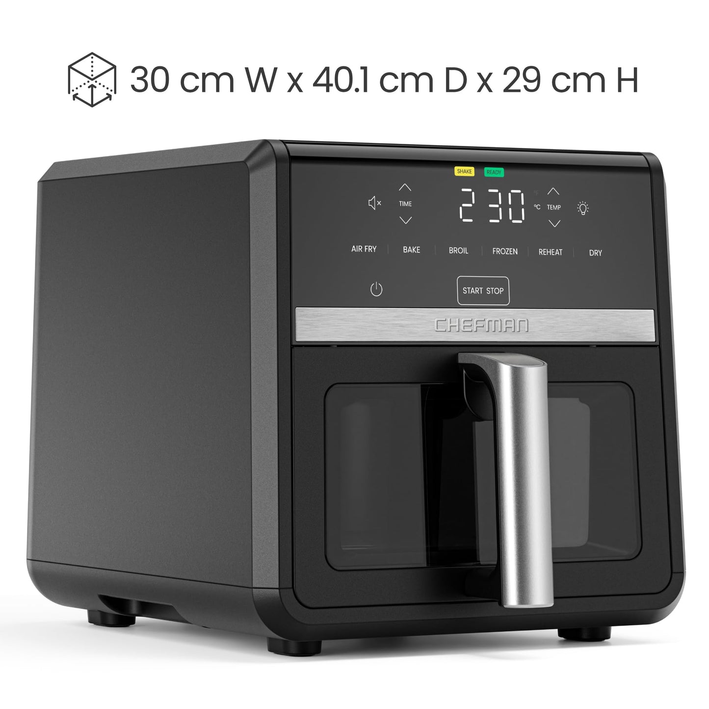Chefman Heißluftfritteuse TurboFry, 8,5 l, 6-in-1-Hochleistungsgerät, 230 °C, XL-Korb mit Sichtfenster, Heißluftfrittieren, Backen, Grillen, Aufwärmen, Hydrieren, Auftauen, Schwarz