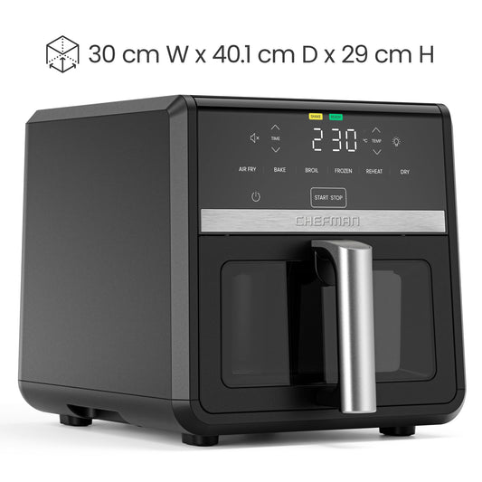 Chefman Heißluftfritteuse TurboFry, 8,5 l, 6-in-1-Hochleistungsgerät, 230 °C, XL-Korb mit Sichtfenster, Heißluftfrittieren, Backen, Grillen, Aufwärmen, Hydrieren, Auftauen, Schwarz