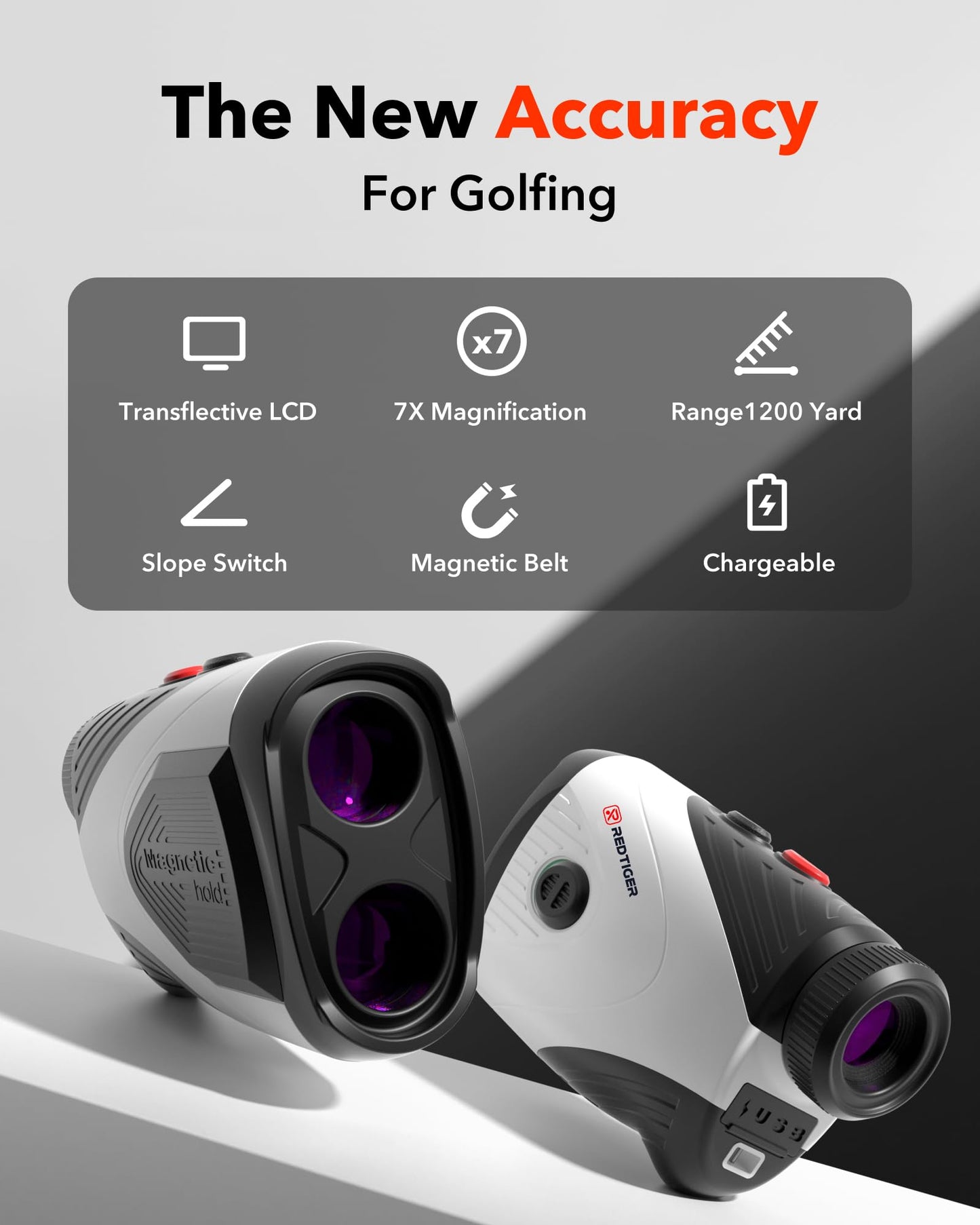REDTIGER Laser Entfernungsmesser, 7X Vergrößerung, 1200Y Golf Entfernungsmesser mit Slope, Wiederaufladbar Rangefinder mit Magnetstreifen, Flag-Lock und Vibration, ± 0,5m Genauigkeit