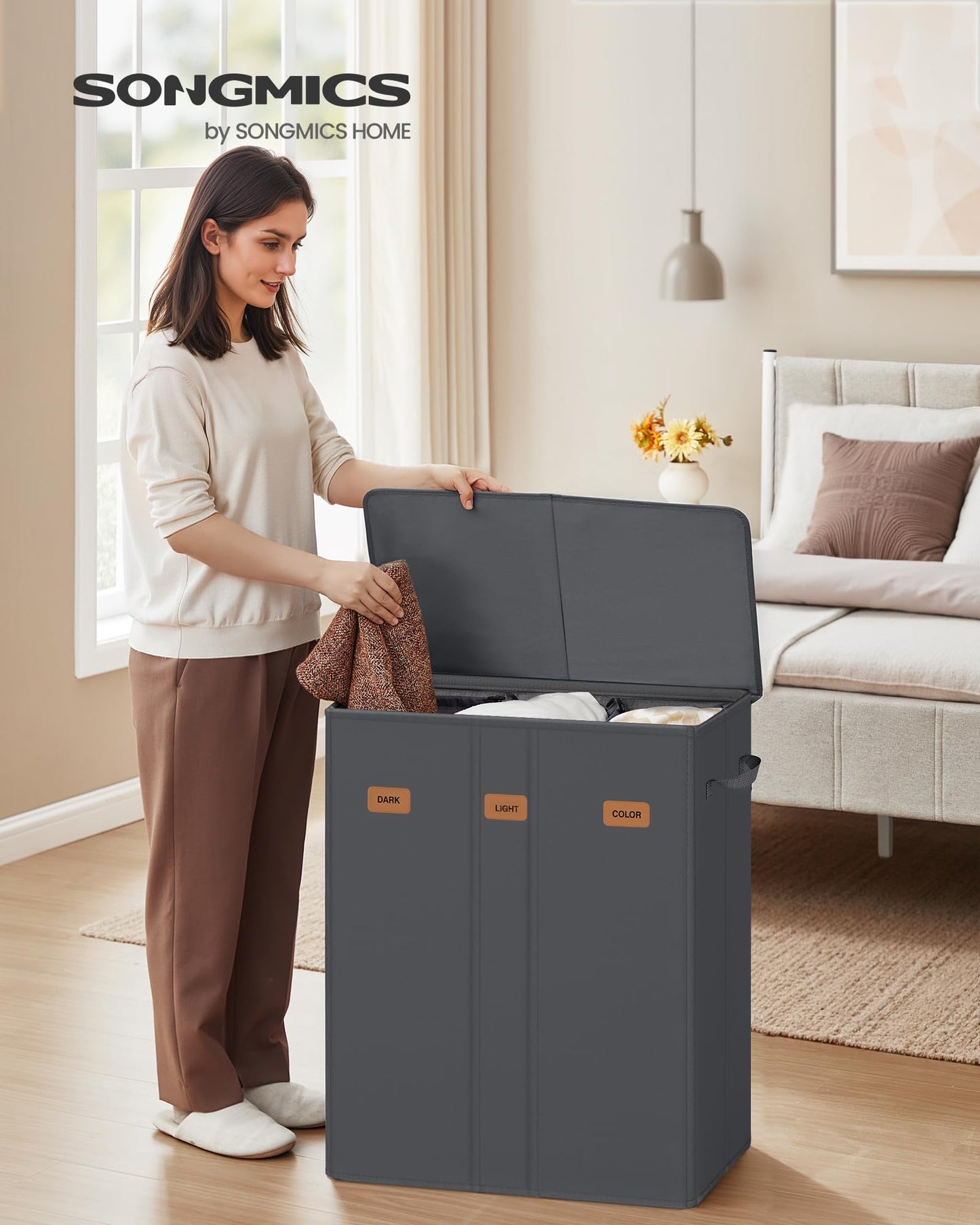 SONGMICS Wäschekorb mit 3 Fächern, 160 L, mit Deckel, 5 Etiketten, herausnehmbarer und waschbarer Innensack, Waschküche Schlafzimmer, dunkelgrau RLH013G01