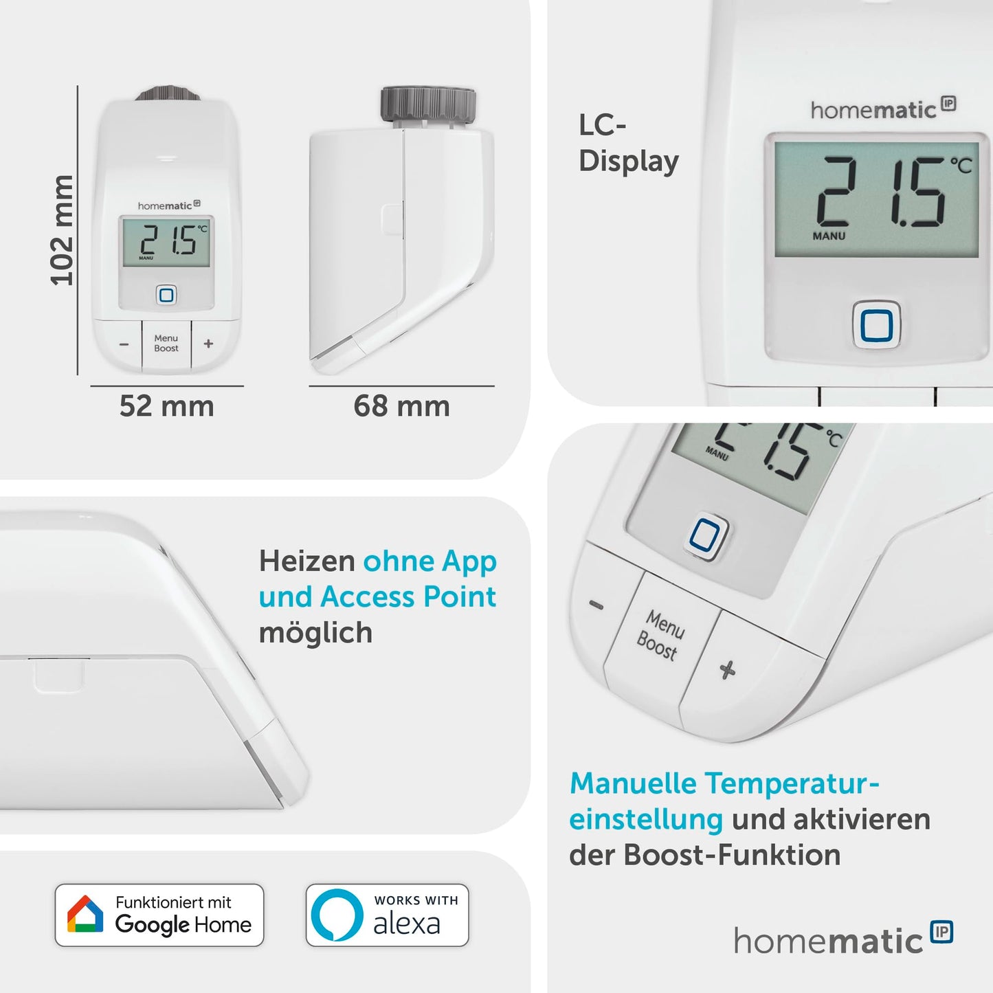 Homematic IP Heizkörperthermostat – Basic, Smart Home, digitaler Thermostat Heizung, Steuerung per App, Alexa, Google Home, einfache Installation, Energie sparen, 153412A3