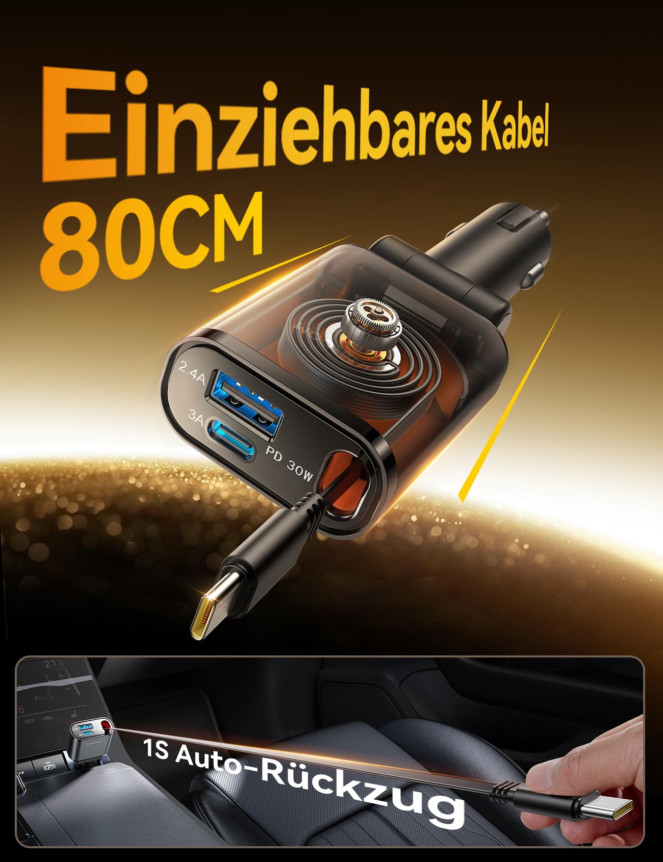 Ultrakompaktes 57W Auto Ladegerät mit Einziehbarem USB C Kabel