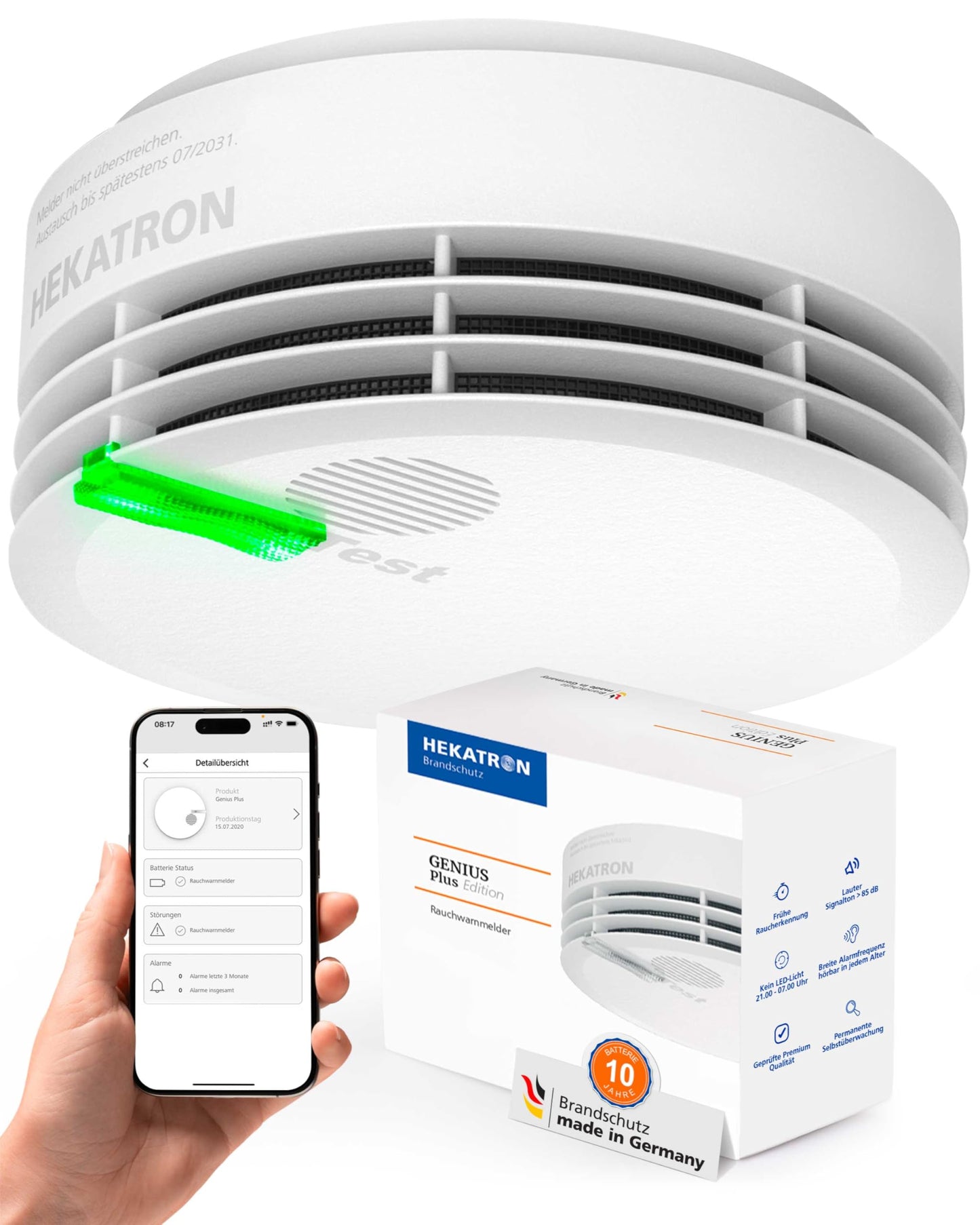 Hekatron Genius Plus – Rauchmelder 10 Jahre Batterie – Testsieger Stiftung Warentest – Made in Germany – inkl. 1x Klebepad – App-unterstützt – Feuermelder – mehrsprachig – 1 Stück