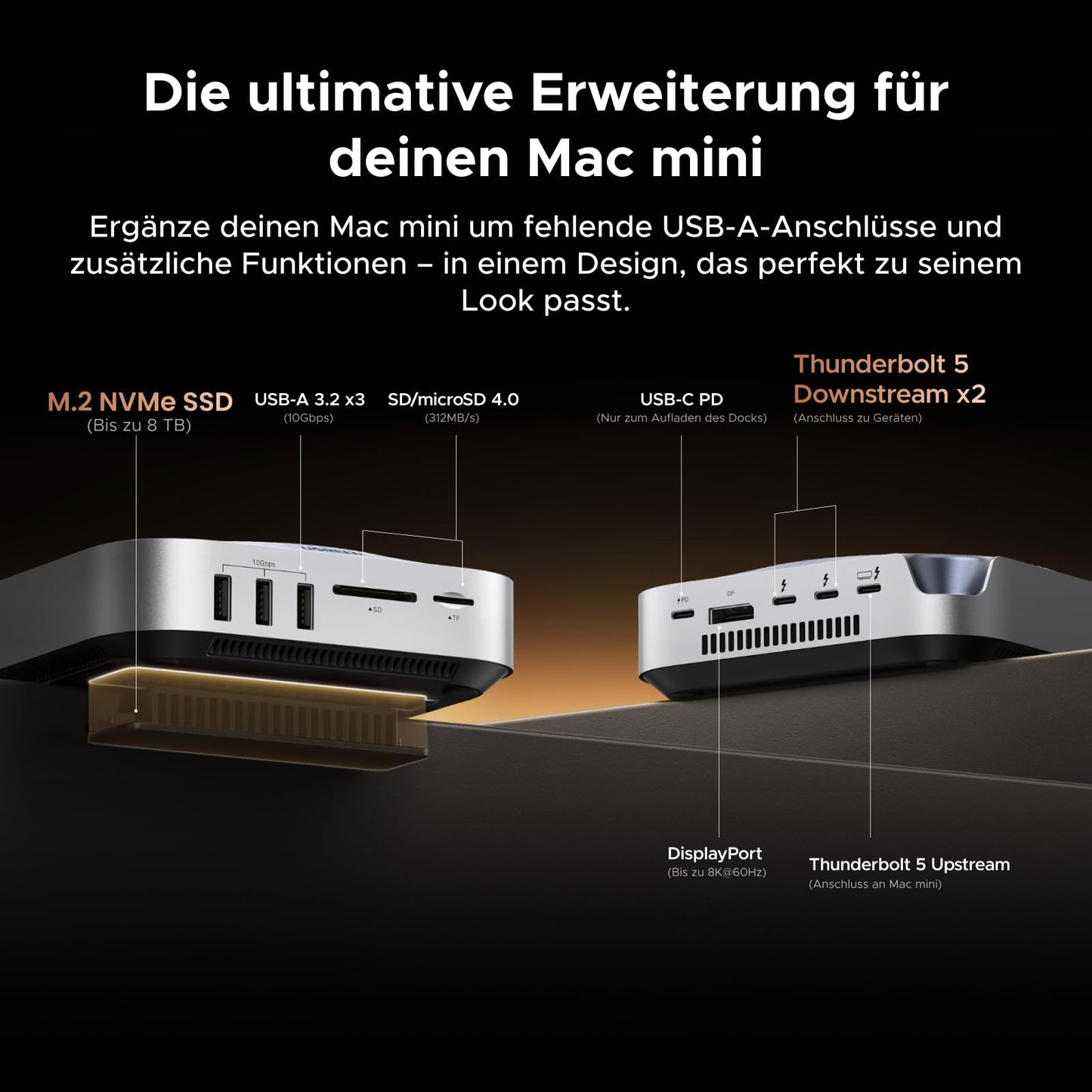 UGREEN Maxidok Thunderbolt 5 Mac mini Dock, Revodok 10-in-1 TBT5 Docking Station, 120Gbps Datentransfer, 8TB M.2 NVMe SSD, Single 8K/ Dual 6K@60Hz, SD/TF 4.0, Kühlsystem für Mac mini M4/M4 Pro