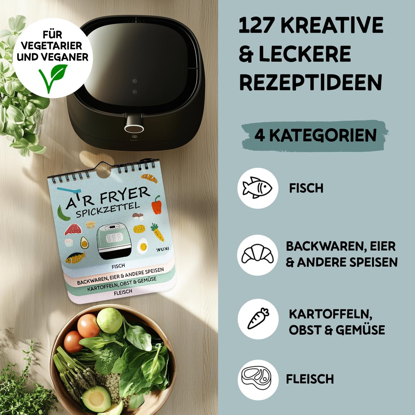 Kompakter Airfryer Spickzettel mit 127 Rezepten und Garzeiten