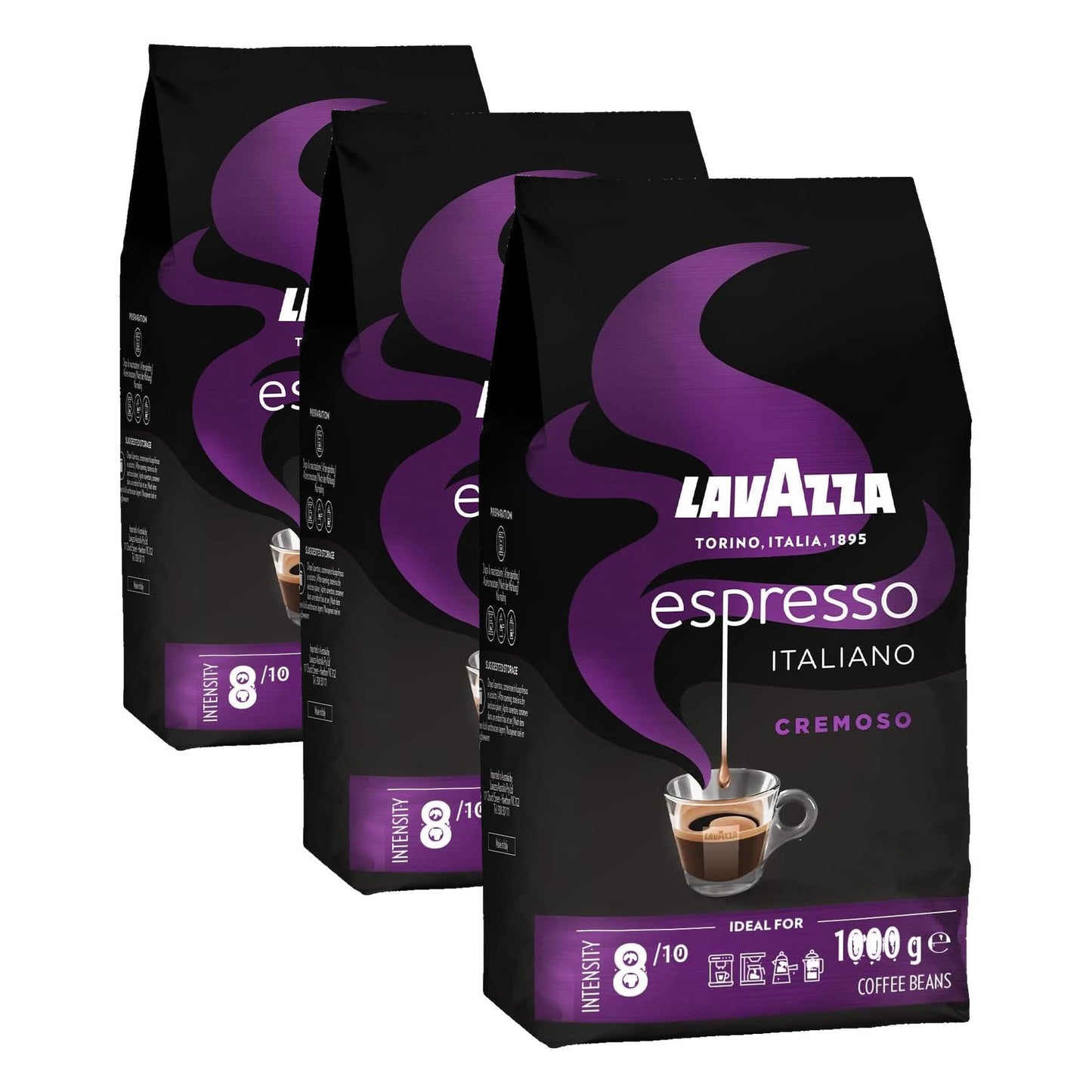 Lavazza, Espresso Italiano Cremoso, Arabica und Robusta Kaffeebohnen, mit Aromanoten von Gewürzen und Kakao, Intensität 8/10, Mittlere Röstung, 1 Packung mit 1 Kg (Packung mit 3)