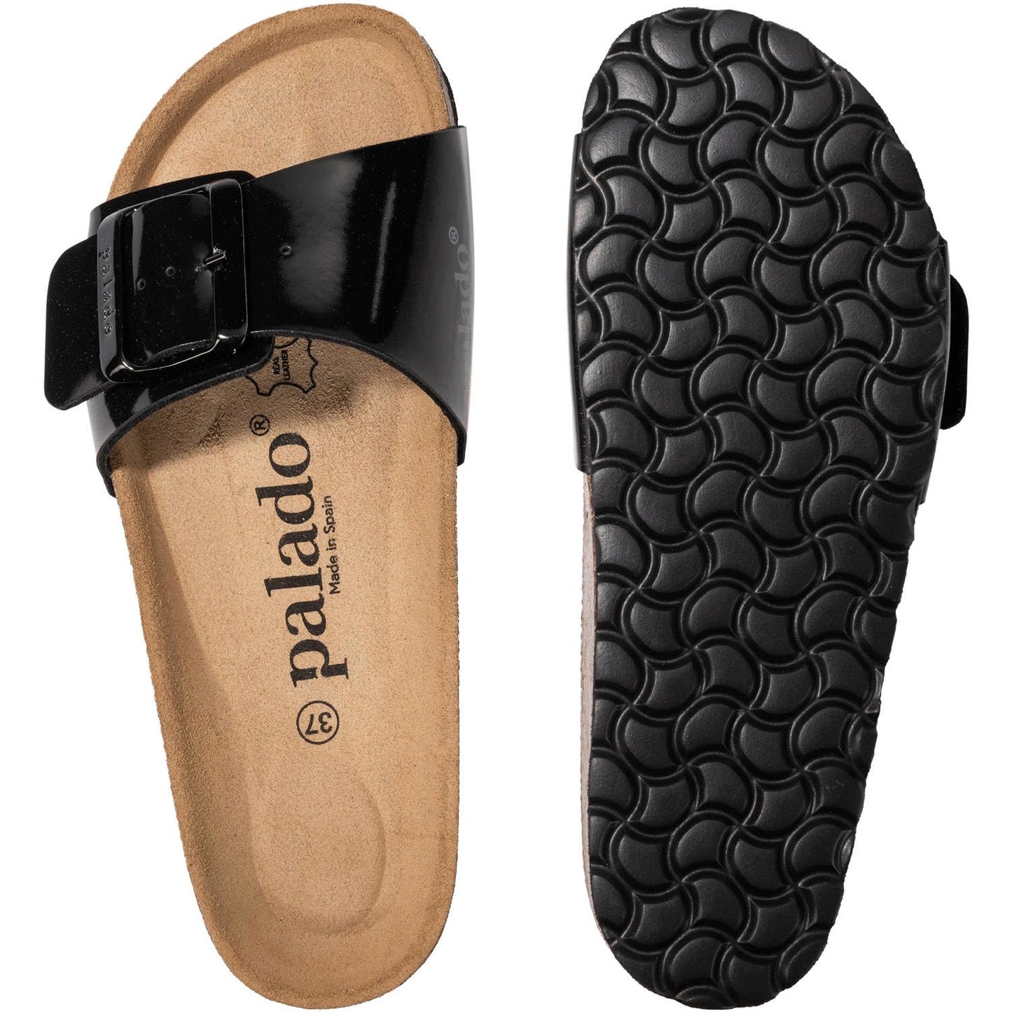Palado Pantoletten Damen Malta EGS Lack – bequeme Sandalen Made in Spain - Hausschuhe mit dämpfendem Kork-Fußbett - modische Sommerschuhe Schwarz/Schwarz UK3,5 - EU36