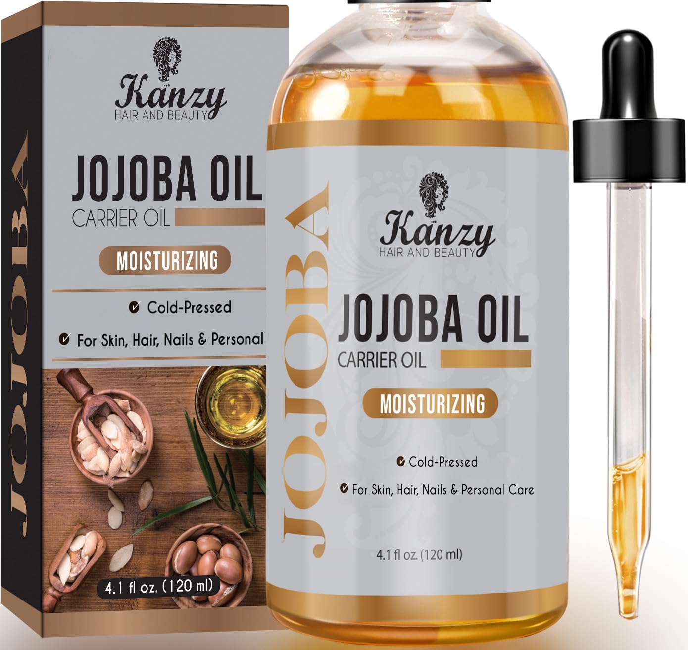 Kanzy Jojobaöl Kaltgepresst 100% Reines Gold, 120ml für Haut, Haare und Nägel, Gesichtsöl und Körperöl, Vegan & Hexanfrei, Jojobaöl, Anti-Falten, Natürliche Intensiv Feuchtigkeitspflege