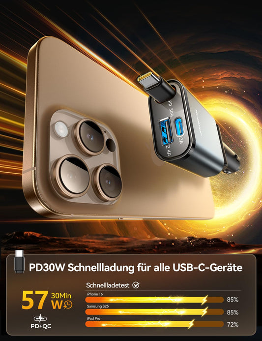 Ultrakompaktes 57W Auto Ladegerät mit Einziehbarem USB C Kabel