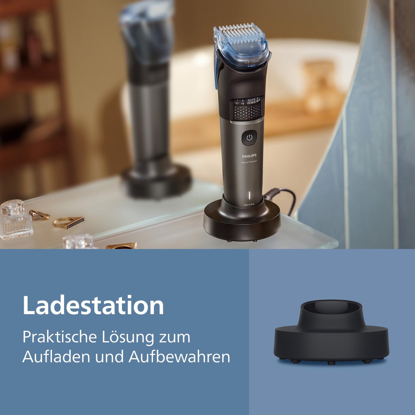 Philips Bartschneider 7000er-Serie – selbstschärfende Metallklingen, 40 Längeneinstellungen, BeardSense-Technologie, Haarkollektor, 100% wasserdicht, Ladestation, Aufbewahrungsetui, Modell BT7660/15