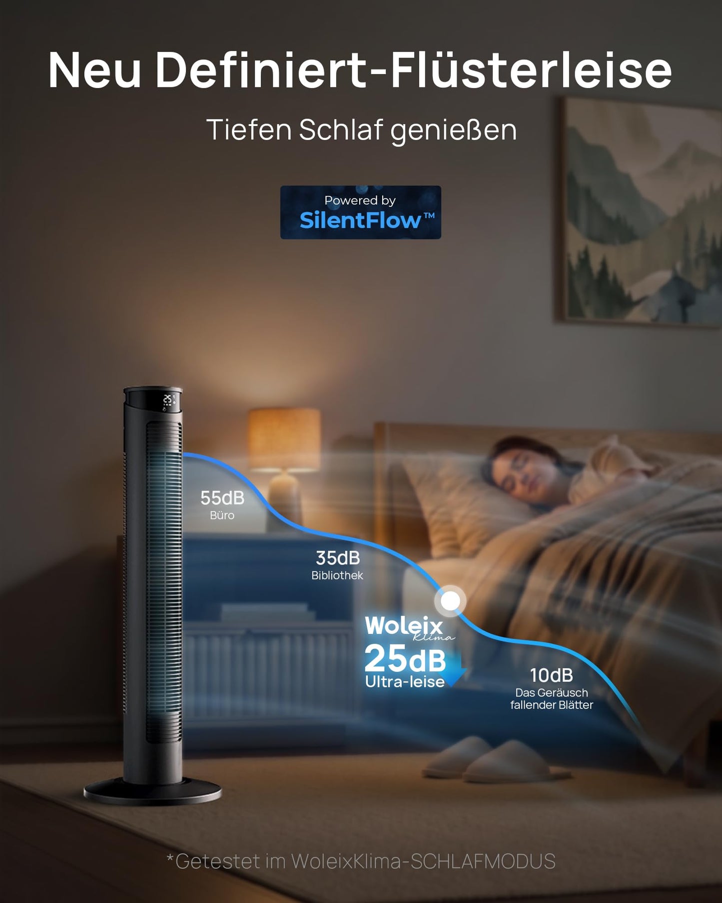 WoleixKlima Ventilator sehr leise 25dB, Turmventilator sehr leise mit Fernbedienung, Standventilator sehr leise mit Fernbedienung, 40W, 4 Modi&3 Stufen, 75°Oszillation, 12H Timer, 93CM