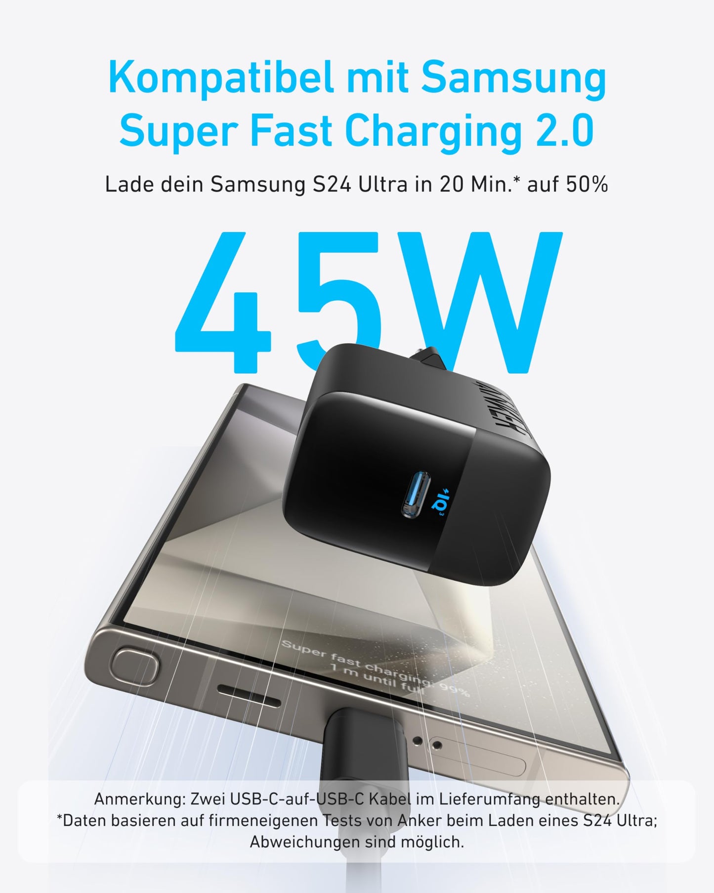 Anker 45W USB C Ladegerät, iPad Ladegerät, PPS-Schnellladen Netzteil für Samsung Galaxy S24 Ultra/S24/S23+/S23/S22/Note20, iPhone 17/Pro/Pro Max/iPhone Air/16/15, Pixel (2X 1,5m Kabel inkl.)