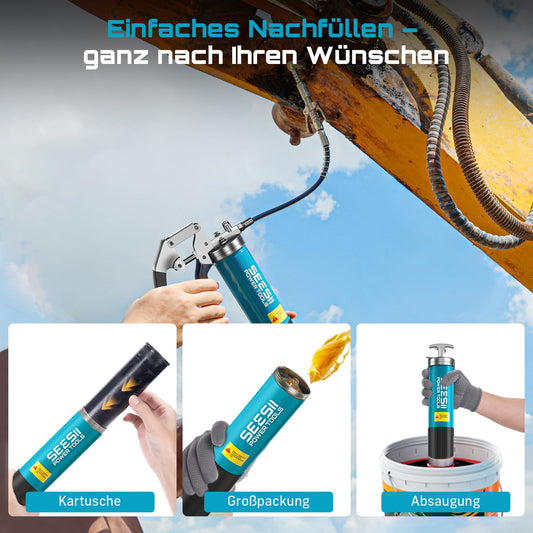 Seesii 8000 PSI Fettpresse für Schmiernippel: 400 ml Einhand Fettpresse, mit Schnellkupplung, Mundstück, 90°-Adapter, Flexiblem Schlauch und Starrem Rohr für Kraftfahrzeuge, Traktoren und Schiffe