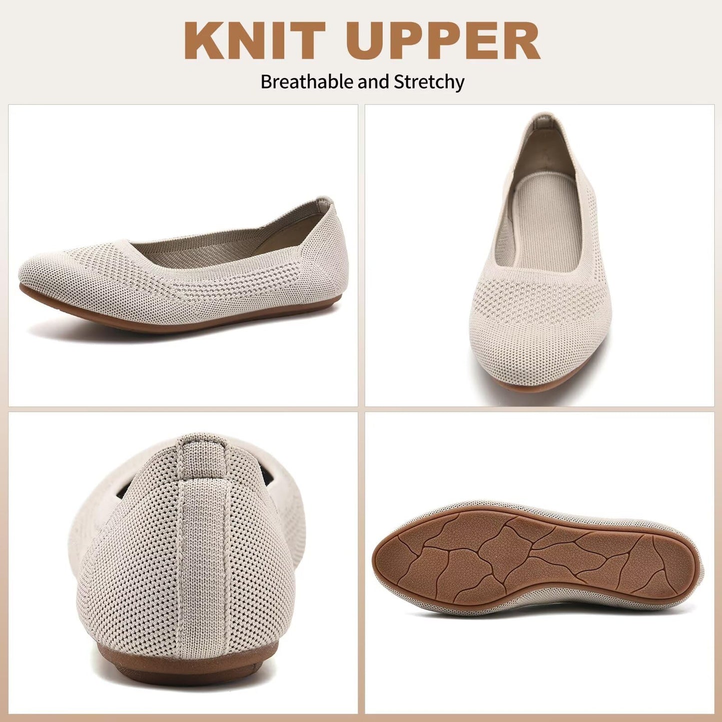 Puxowe Damen Ballerina Runde Zehe Stricken Flache Schuhe Komfort Weich Slip On Ballerina Walking Flats Schuhe für Frauen Niedriger Keil Lässig 40 EU Nude