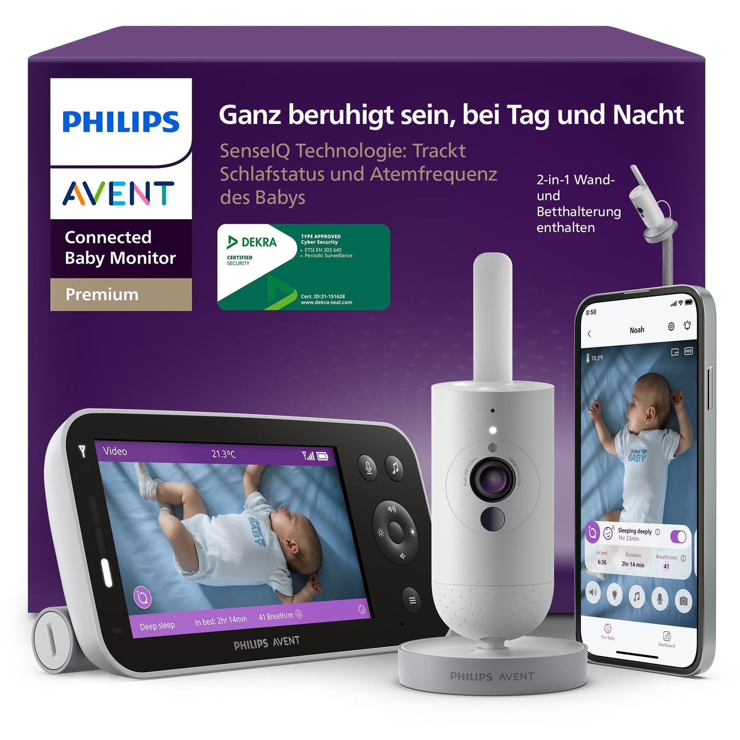 Philips AVENT Premium Connected Babyphone mit Kamera, das bisher Beste Babyphone, Schlaf- und Atmungs-Tracking mit KI, Schrei-Interpretation, DEKRA Zertifiziert privat und sicher, SCD973/26