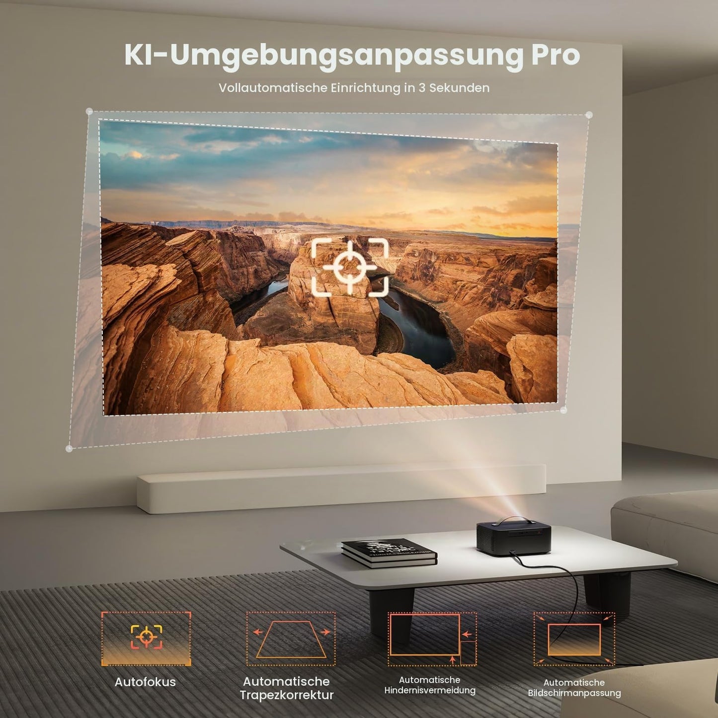 Beamer 4k Heimkino【800+Offizielle Apps&Dolby Audio】 15000 ANSI KI Fokus ONOAYO HDR10 Projektor WiFi 6 Bluetooth 5.4 Smart mini Beamer Geeignet für Filmabende, Partys und die Fußball-Weltmeisterschaft