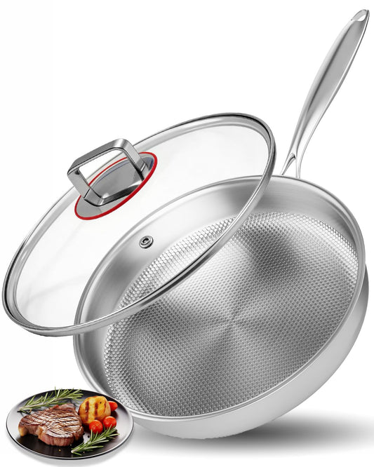 Abijan Edelstahlpfanne Unbeschichtet 30cm, Titan Pfanne Mit Deckel, Edelstahl Bratpfanne Induktion, PFOA & PTFE-Frei, Backofenfest Bis 260°C, Spülmaschinengeeignet, Für Alle Herdarten Geeignet