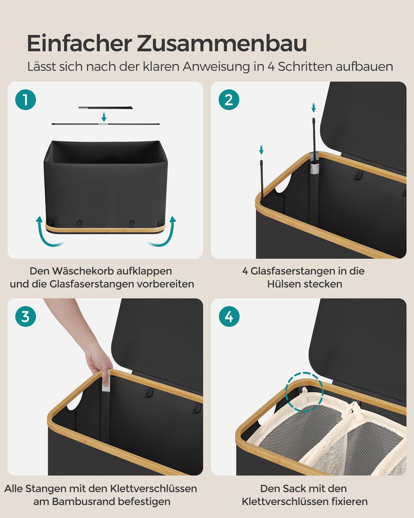 SONGMICS Wäschekorb mit Deckel, Wäschesammler mit 3 Fächern, 150 L, herausnehmbarer Wäschesack, Oxford-Gewebe, Griffe aus Bambus, zusammenklappbar, 60 x 38,5 x 70,5 cm, tintenschwarz LCB515B01