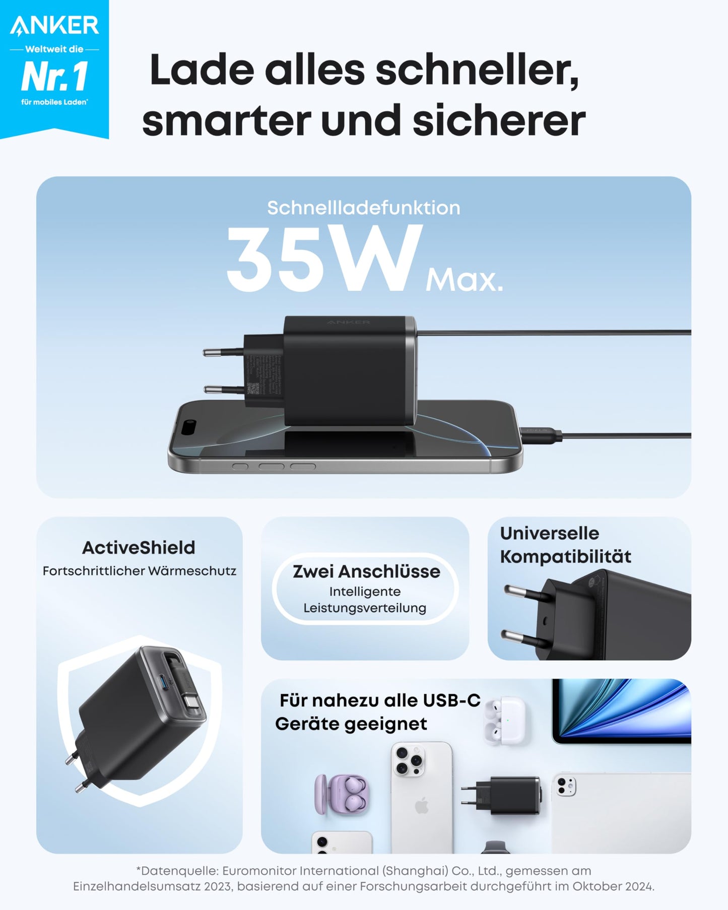 Anker Nano USB C Ladegerät, 35W Max, kompaktes Netzteil, 2 Anschlüsse, Strapazierfähiges & integriertes Anker InstaCord-Kabel zum Ausziehen, Für iPhone 17/16/15 Serie, iPad, Pixel(Keine Powerbank)