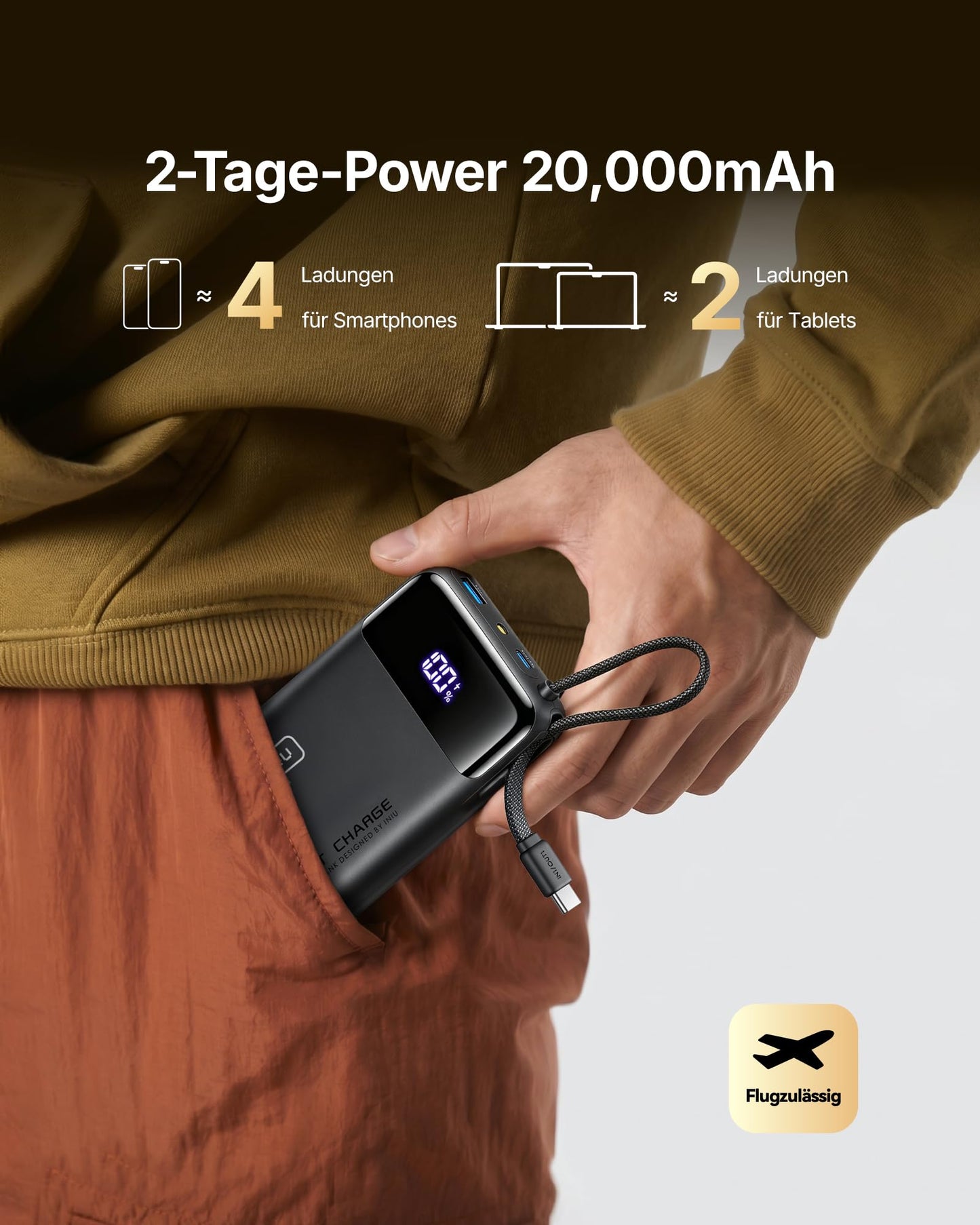 INIU 45W Power Bank, Ultra Klein 20000mAh Powerbank mit Integriertem USB C Kabel, Schnellladen Externe Handyakkus, Flugzeug Geeignet, Reise-Essential für iPhone 17 16 15, Samsung S22, Xiaomi, iPad etc