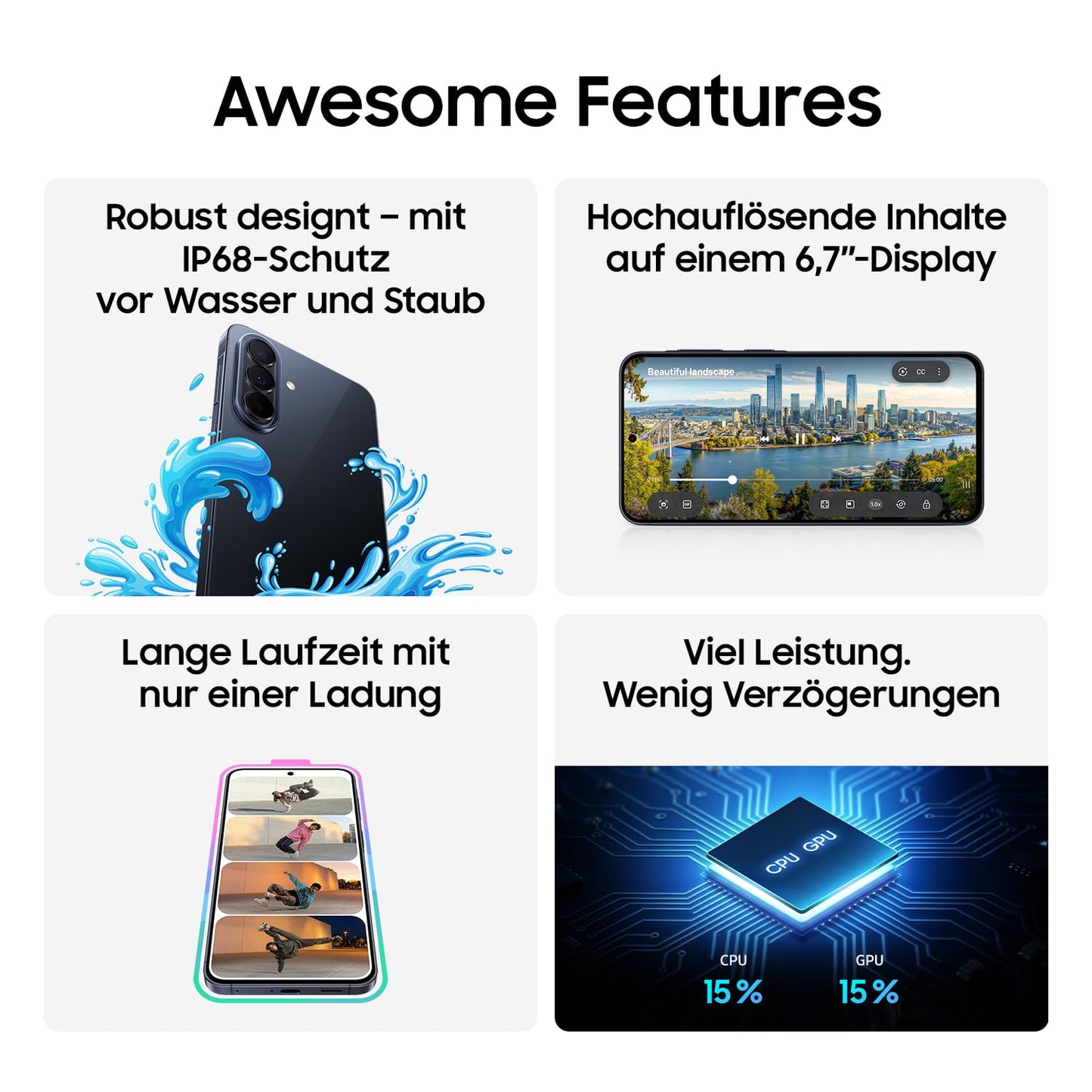 Samsung Galaxy A57 5G, Schlankes AI-Smartphone, Awesome Intelligence, 256 GB Speicherplatz, 50 MP Weitwinkel-Kamera, Bis zu 2 Tage Akkulaufzeit, IP68, Awesome Gray, 2,5 Jahre Herstellergarantie