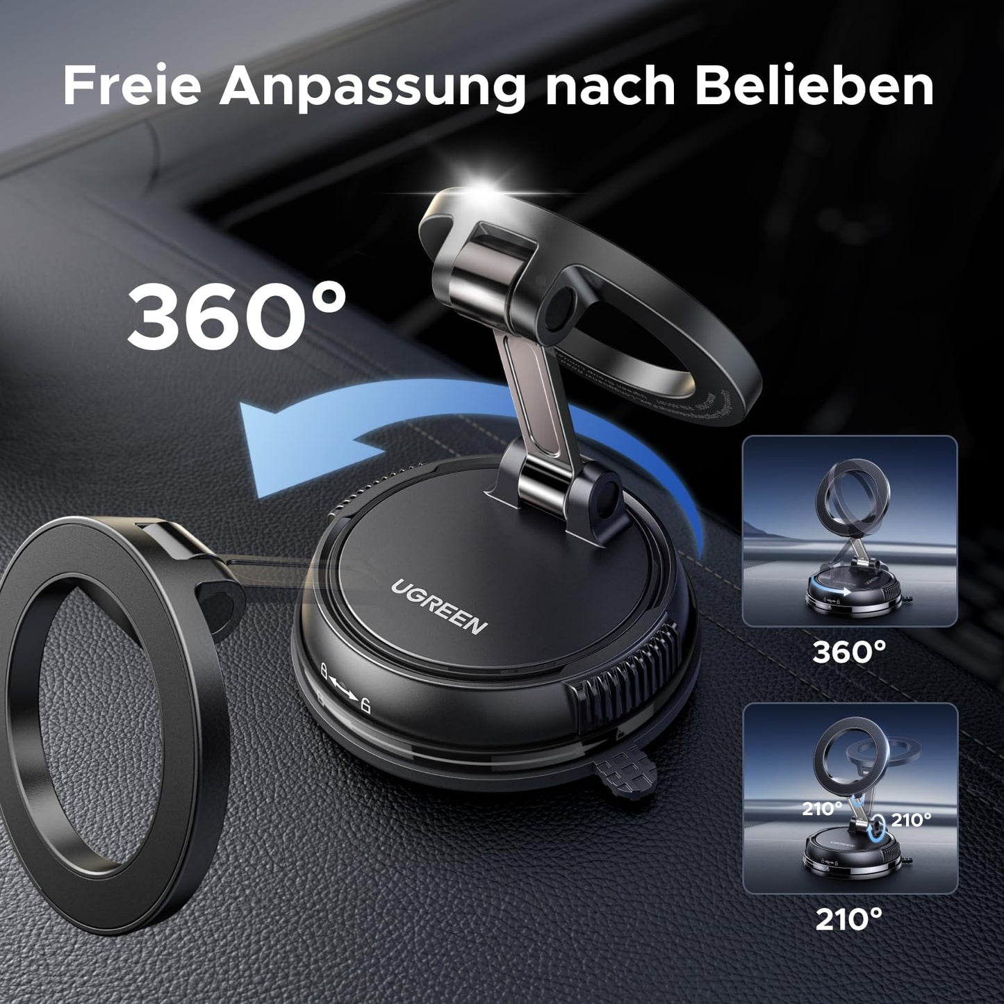 UGREEN Handyhalterung Auto für Magsafe Autohalterung mit N55 Starker Magnet, Handy Halterung Auto mit Vakuum Saugnapf & Nano-Gel-Pad Kompatibel mit iPhone 17 16 15 14 13 12 Pro Max