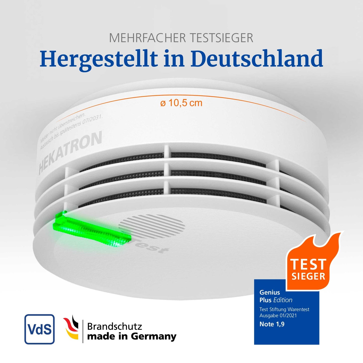 Hekatron Genius Plus – Rauchmelder 10 Jahre Batterie – Testsieger Stiftung Warentest – Made in Germany – inkl. 1x Klebepad – App-unterstützt – Feuermelder – mehrsprachig – 1 Stück