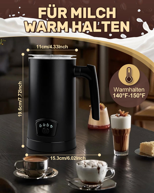 4-in-1 Milchaufschäumer Elektrisch, 400W Elektrische Milchaufschäumer für Heißer und Kalter Milchschaum, Stumm Edelstahl Milchschäumer, Automatische Abschaltung, für heiße Schokolade, Cappuccino
