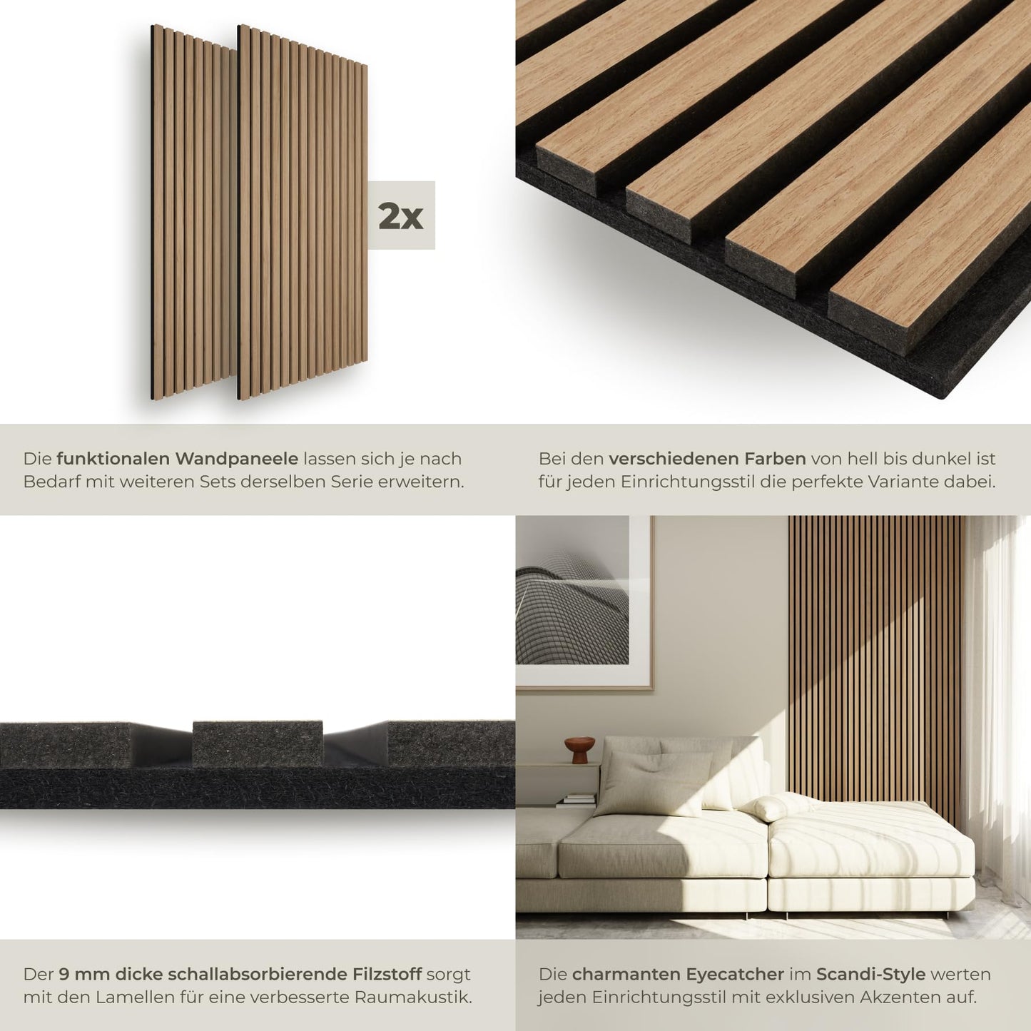 tectake® Akustikpaneele Echtholzfurnier 2er Set, Schallschutz, MDF Schallabsorber für Wand, Schalldämmung, Schallschutzplatten, Schalldämmplatten, Raumakustik, Geräuschdämmung, Wandpaneele - Eiche