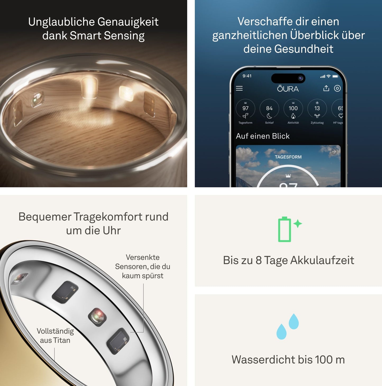 Oura Ring 4 – Gold – Größe 8 – Smart-Ring – Oura Ring 4 Größenprobier-Set zur Größenbestimmung – Wearable fürs Schlaf-Tracking – Herzfrequenz – Fitness-Tracker – Bis zu 8 Tage Akkulaufzeit