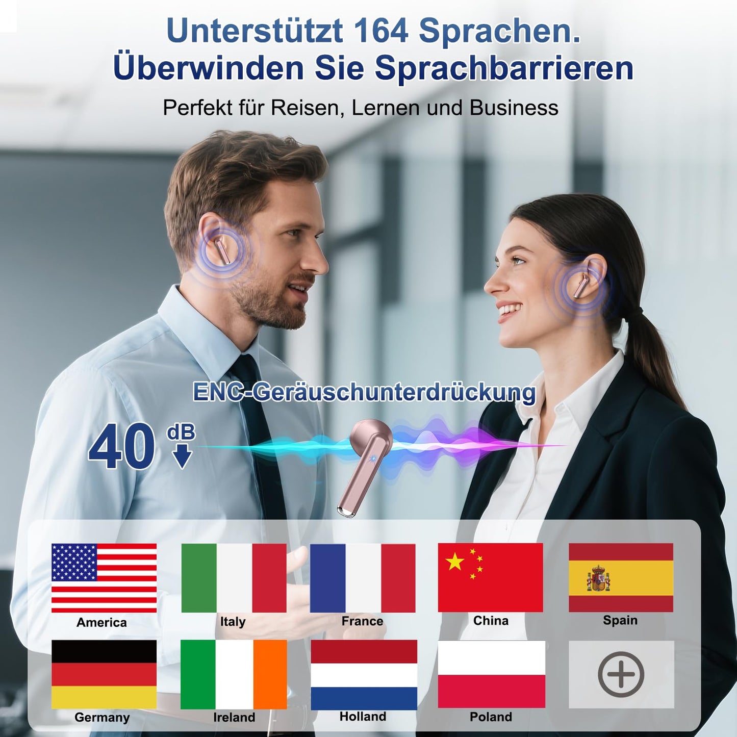 Kabellose Übersetzer Kopfhörer Bluetooth 5.4 mit 164 Sprachen Ech