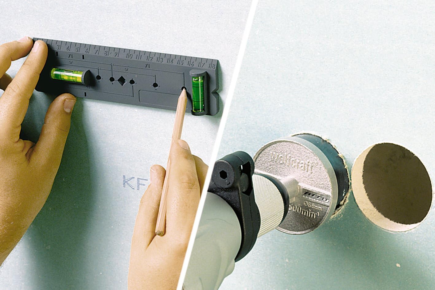 Wolfcraft Schablone für präzise Hohlwanddosen Installation Bohrhilfe