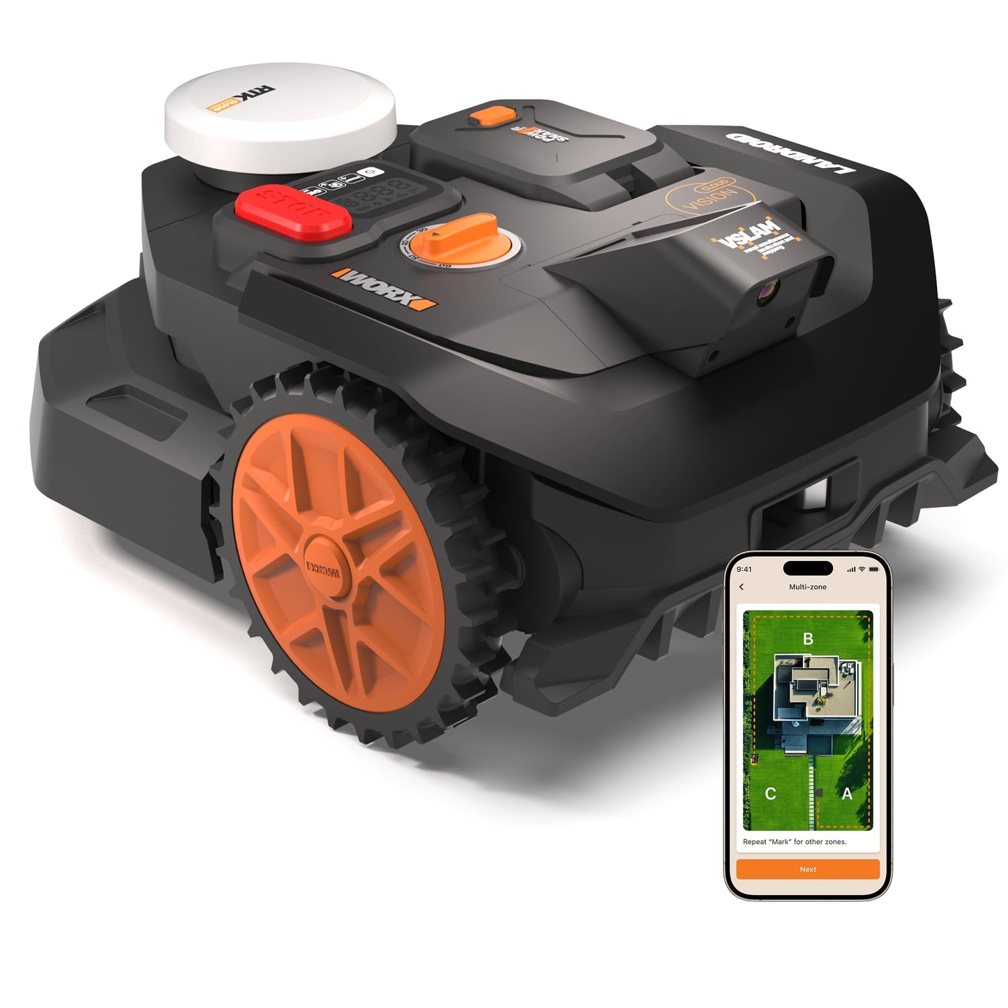 WORX Landroid Vision Cloud WR304E 2WD Mähroboter ohne Begrenzungskabel für 400 m² (KI-Hinderniserkennung, VSLAM+ RTK Cloud Navigation, Auto-Mapping, App-Steuerung)