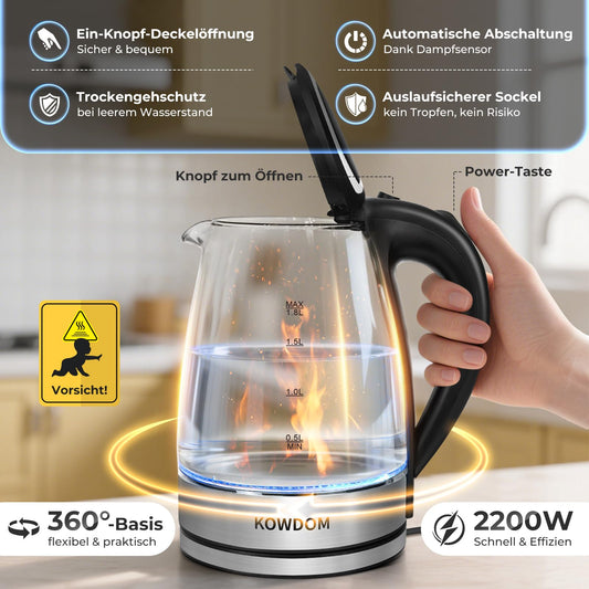 Schneller Glas Wasserkocher mit 1800 ml Kapazität und Sicherheitsschutz