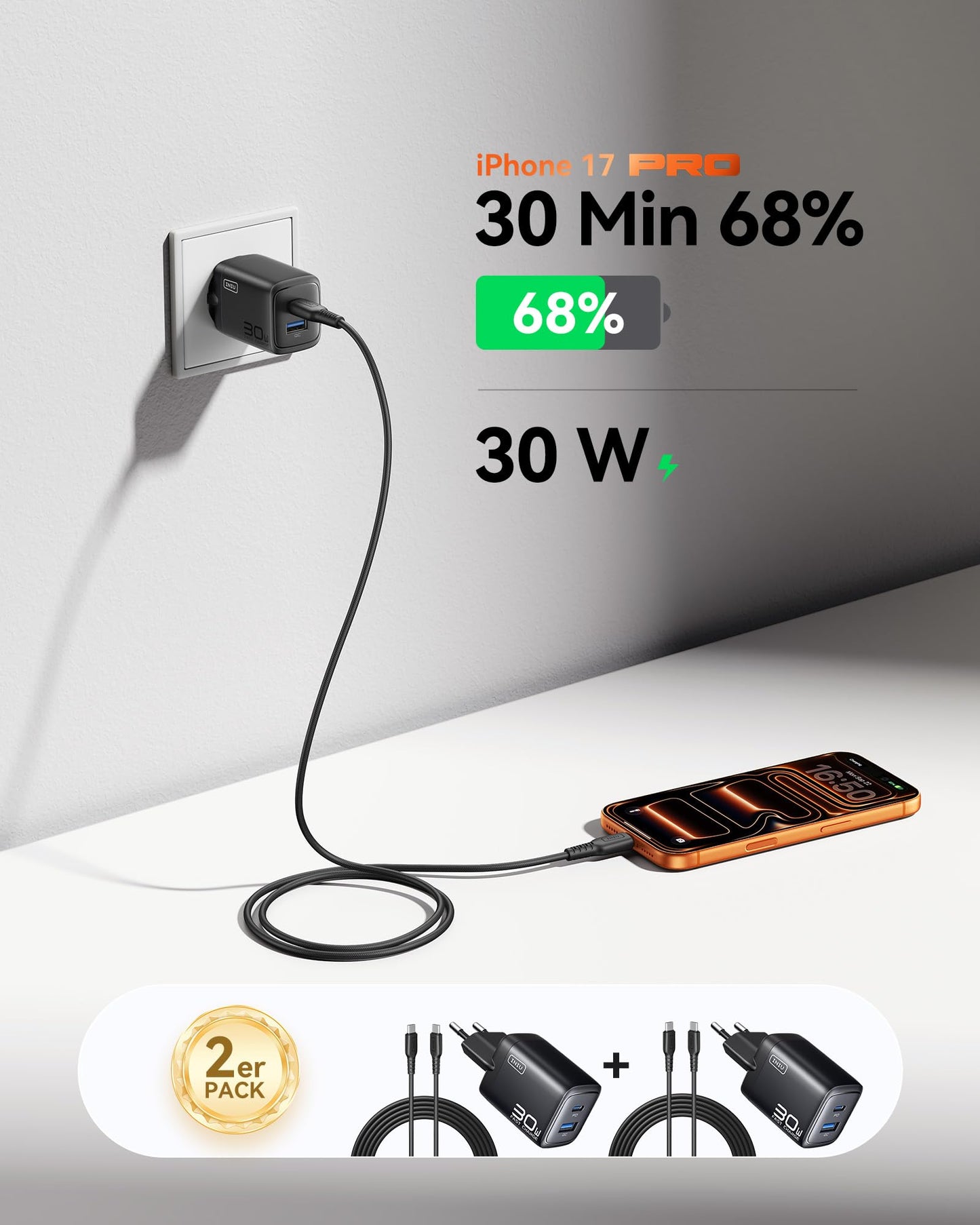 30W USB C Ladegerät 2er Set Schnellladegerät mit Kabel GaN PD
